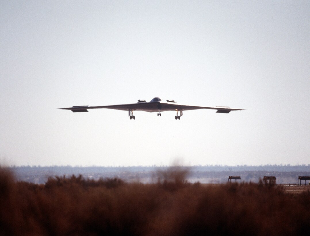 A B-2 Spirit bomber lines up on the runway July 17, 1989, at the Northrop Grumman production facility in Palmdale, California. The first flight was just over two hours long, and ended at Edwards Air Force Base, California, where the aircraft underwent further testing both on the ground and in the air. (Defense Imagery Management Operations Center photo/Released)