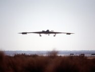 A B-2 Spirit bomber lines up on the runway July 17, 1989, at the Northrop Grumman production facility in Palmdale, California. The first flight was just over two hours long, and ended at Edwards Air Force Base, California, where the aircraft underwent further testing both on the ground and in the air. (Defense Imagery Management Operations Center photo/Released)