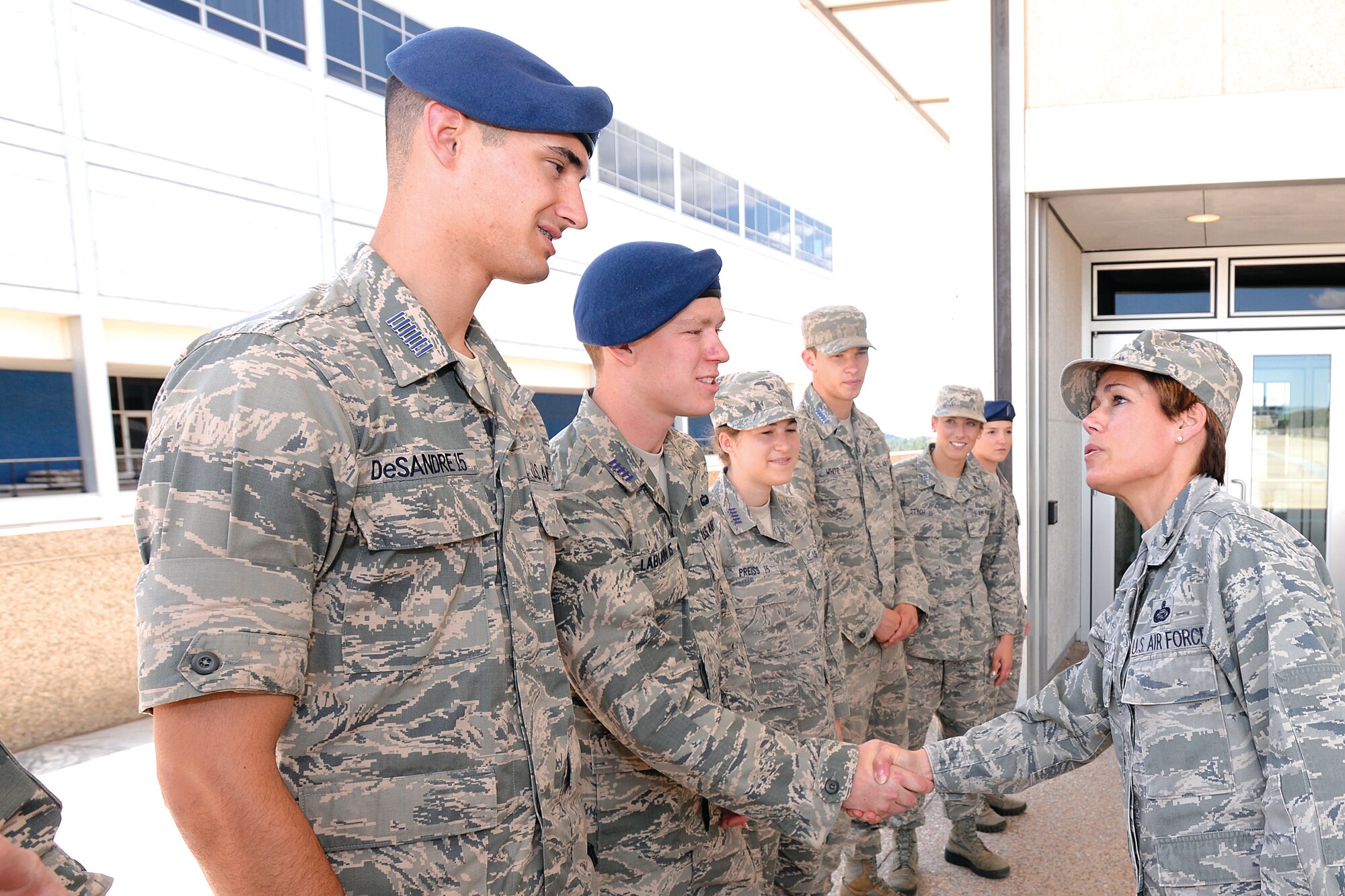 Brig. Gen. Gina Grosso, the Air Force Sexual Assault Prevention and Responce director, meets cadets here July 7. Grosso visited the Academy June 7 - 9 to learn about the Academy’s SAPR program. (U.S. Air Force photo/Mike Kaplan)