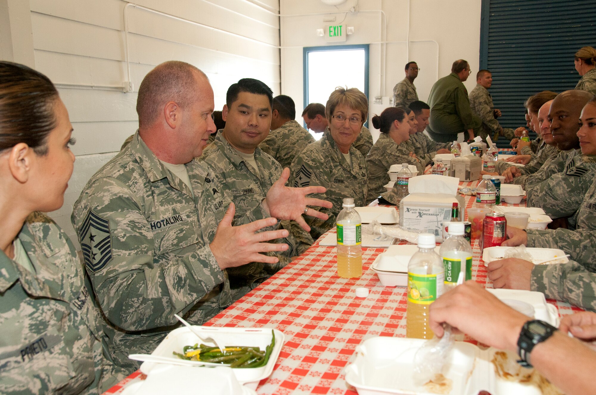 Air National Guard Command Chief James W. Hotaling speaks to members of the 129th Rescue Wing’s “Rising Six” at Moffet Federal Airfield, Calif., July 12, 2014. The rising Six program functions as the voice of Airmen and junior non-commissioned officers and works to address the future of the ANG. (U.S. Air National Guard photo by Senior Airman Rachael Kane/Released)