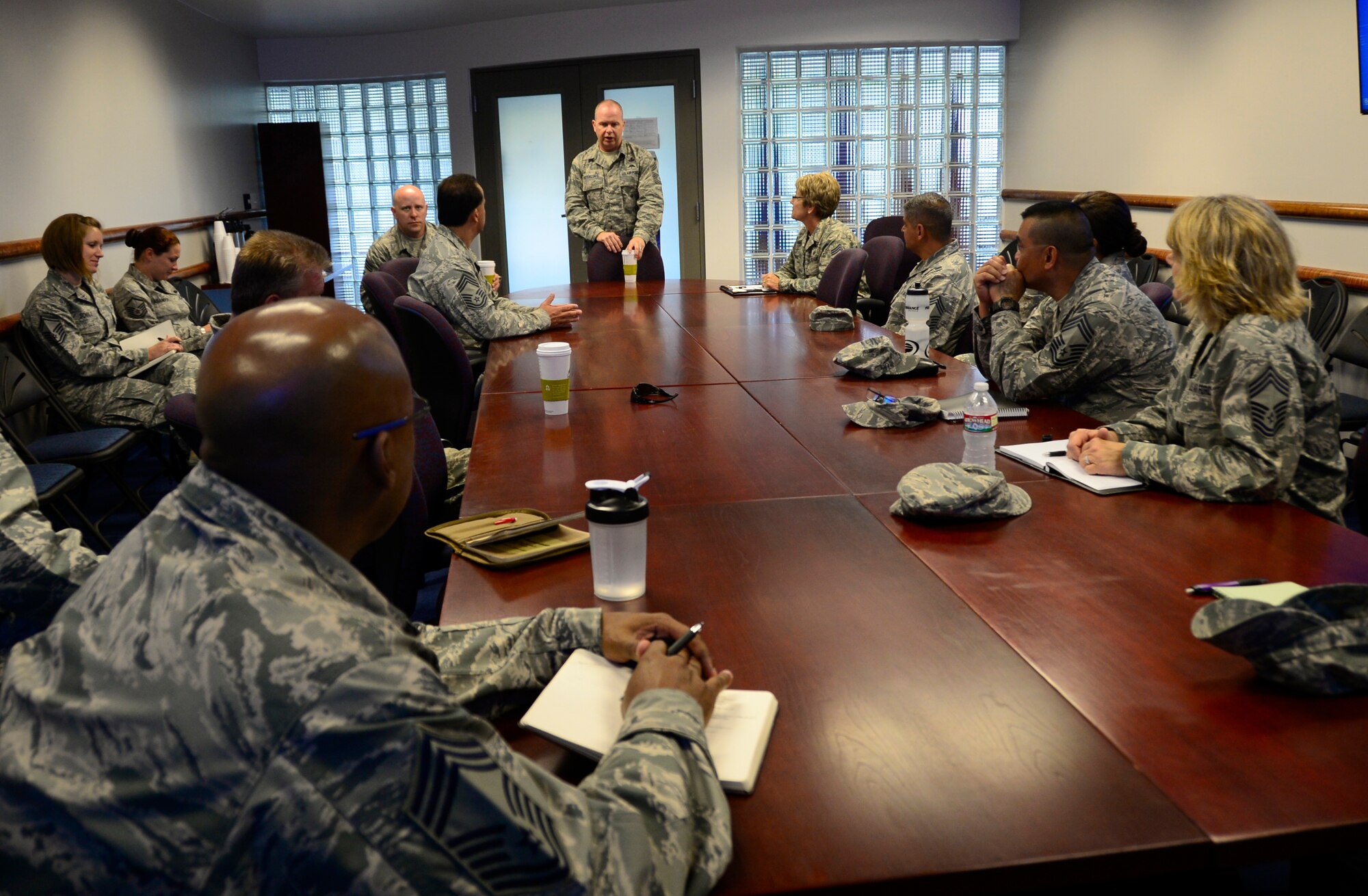 Air National Guard Command Chief James W. Hotaling speaks to the 129th Rescue Wing Chiefs’ Group during a visit to Moffet Federal Airfield, Calif., July 11, 2014. Hotaling spoke to Airmen about the past, present and future of the ANG. (U.S. Air National Guard photo by Tech. Sgt. Ray Aquino/Released)