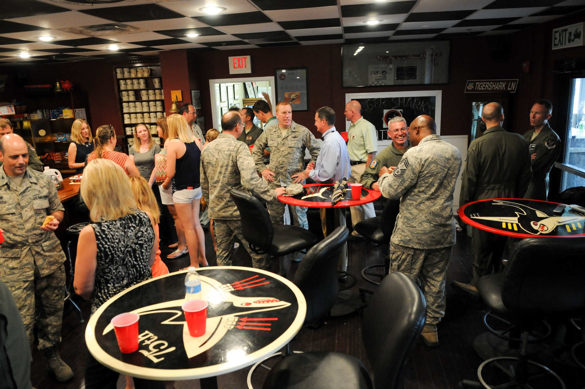 Anne Ramer, wife of U.S. Air Force Col. Steve Ramer, 23d Wing vice commander, showers him with champagne during his fini flight celebration, July 15, 2014 at Moody Air Force Base, Ga. Ramer has been the 23d vice commander since May 2012. (U.S. Air Force photo by Andrea Jenkins/Released) 