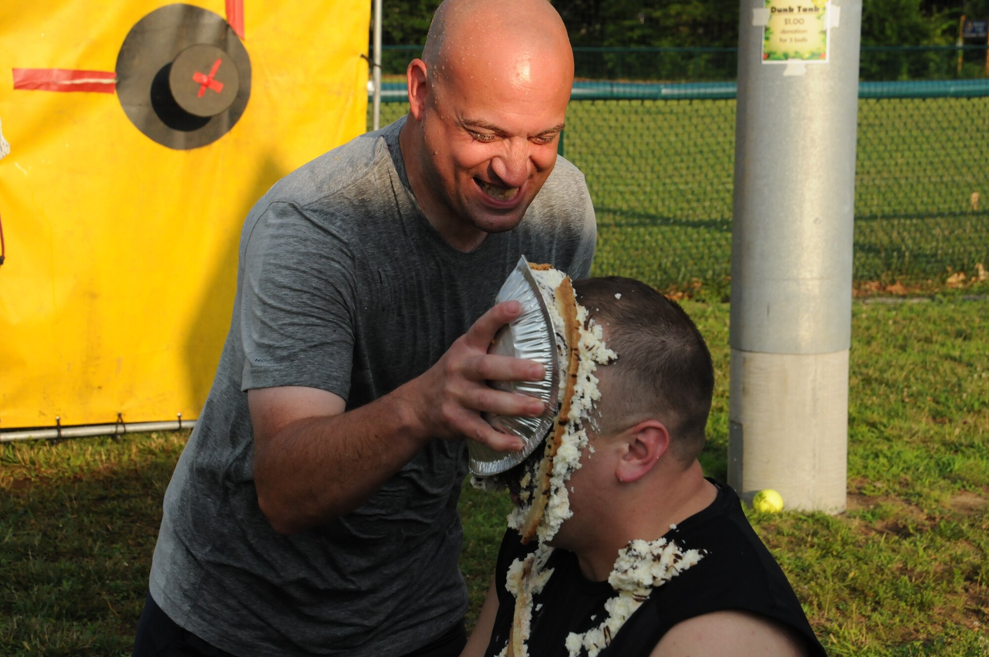 2nd Lt. Steven Marchegiani raised $144 and enjoyed cream and chocolate pie. The Company Grade Officer Council's Pie-in-the-Face contest raised more than $600 for the October ball to help pay for associated costs. (U.S. Air Force photo/TSgt. Brian Boynton)