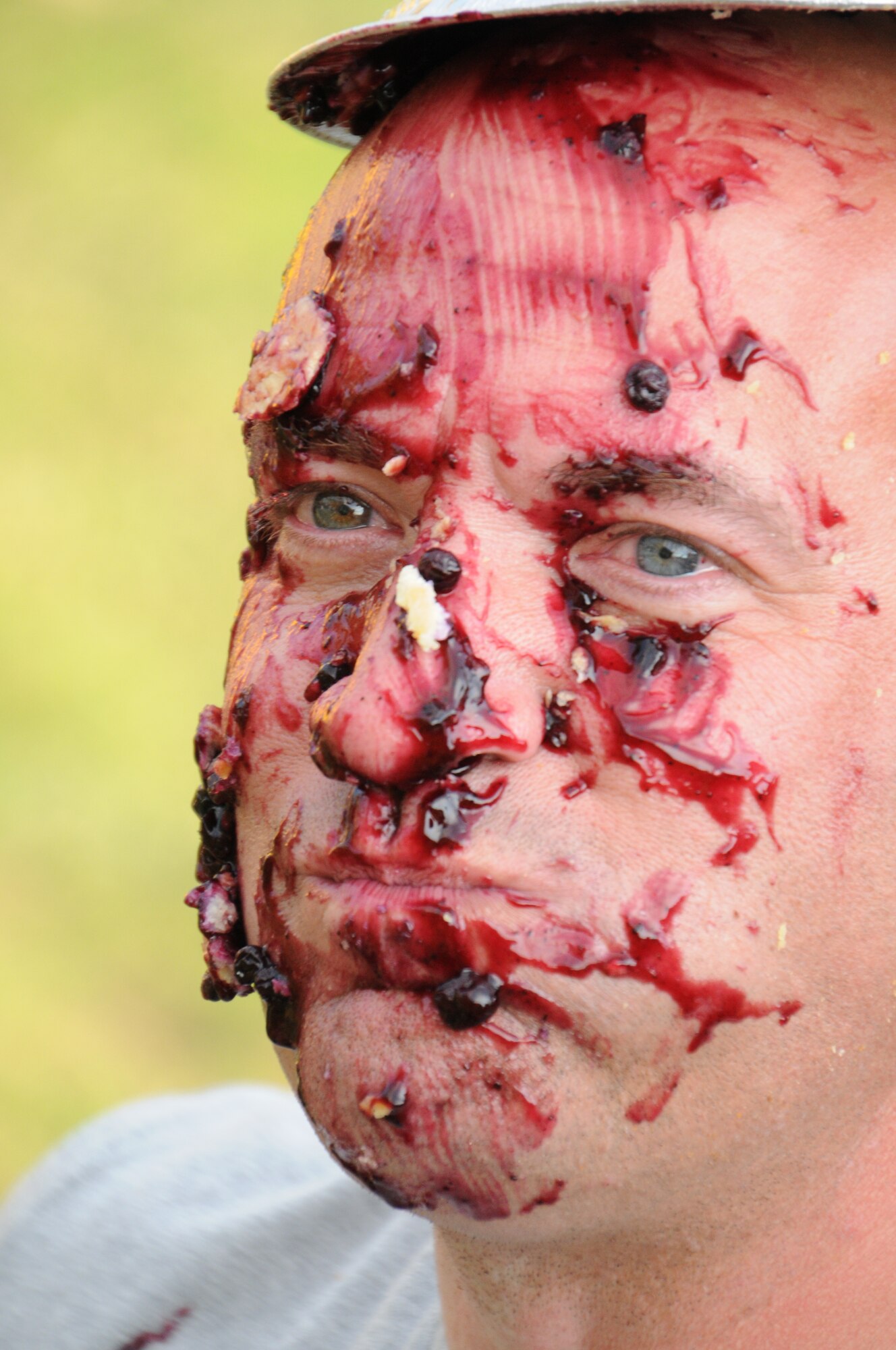 MSgt. Daniel Howard receives his pie! MSgt. Howard raised $82 among the first sergeants. The Company Grade Officer Council's Pie-in-the-Face contest raised more than $600 for the October ball to help pay for associated costs. (U.S. Air Force photo/TSgt. Brian Boynton)