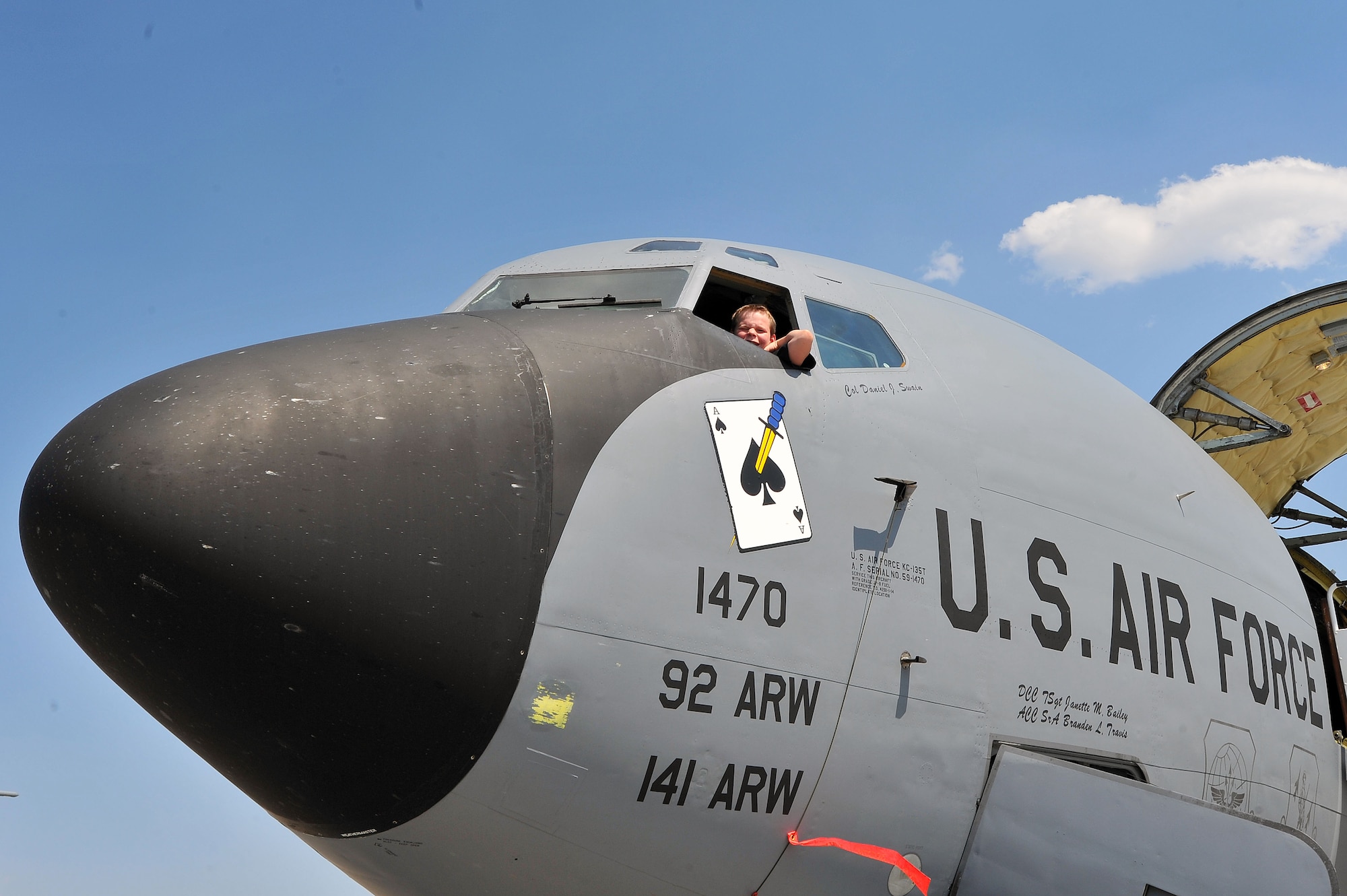 Zayne Rutter sits in the pilot seat of a KC-135 Stratotanker while he was the 'Airman for a Day' July 11, 2014, at Fairchild Air Force Base, Washington. Zayne was hit in a nearly-fatal vehicle accident in May and has been in and out of hospitals since. This program allows children like Zayne to experience the Air Force for a day and escape the current challenges they may be facing. (U.S. Air Force photo by Staff Sgt. Veronica Montes/Released)