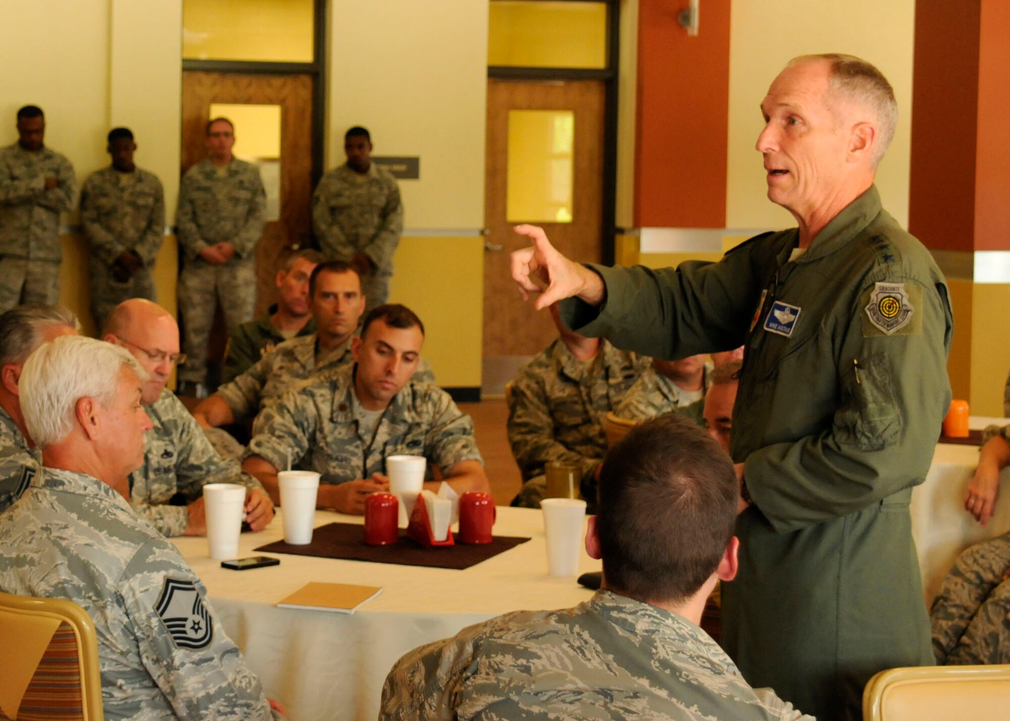 During an all call held at the Community Activity Center July 14 at
Homestead Air Reserve Base, Florida, U.S. Air Force Gen. Mike Hostage,
commander of Air Combat Command, speaks about important issues the military
will face, including sequestration and selectively refurbishing existing
aviation assets. (U.S. Air Force photo/Senior Airman Nicholas Caceres)
