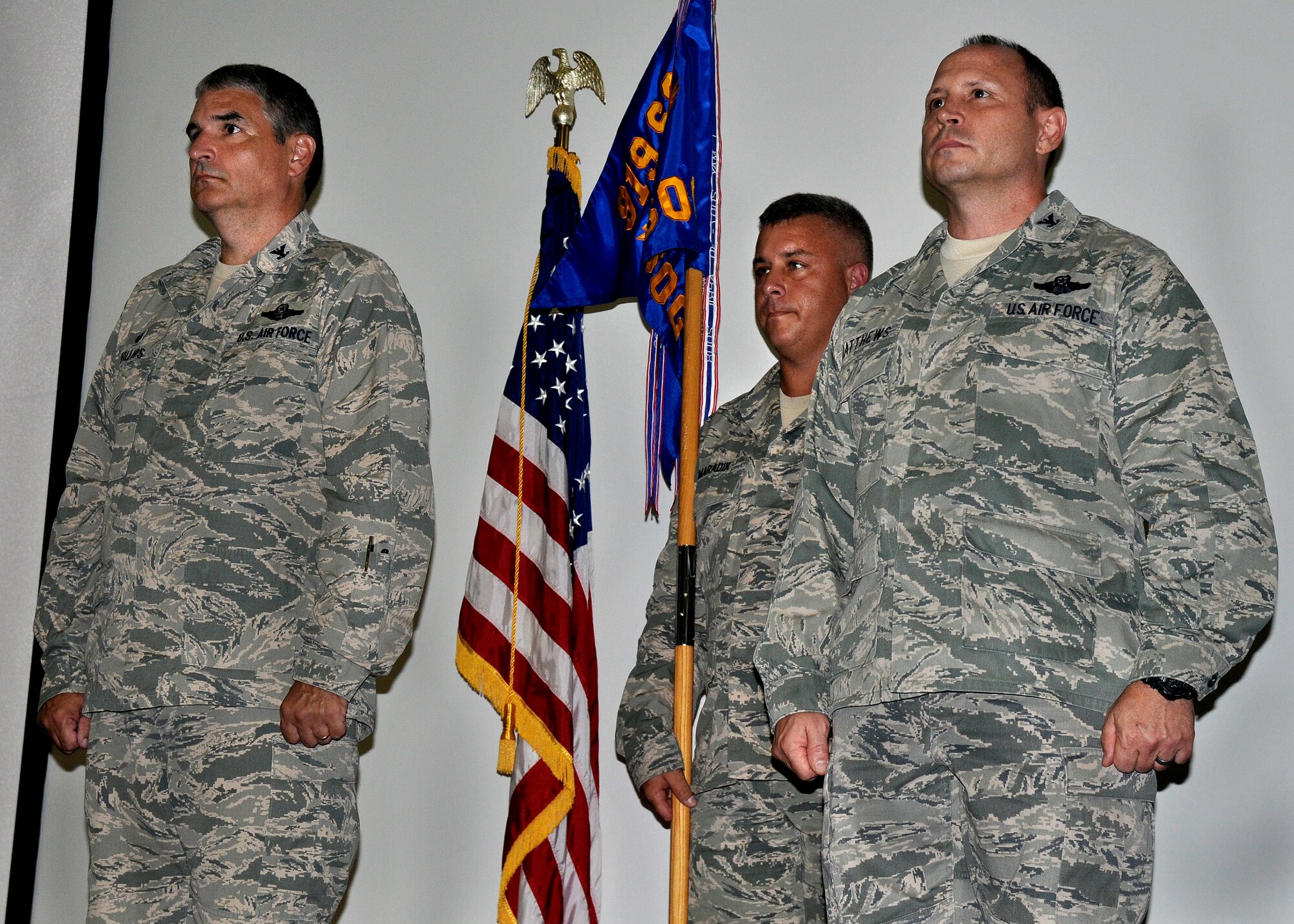(Right) Col. Kurt Matthews, the new 919th Special Operations Group commander, stands with Col. James Phillips, 919th Special Operations Wing commander, at his assumption of command ceremony during the July UTA. (U.S. Air Force photo/Daniel Neely)