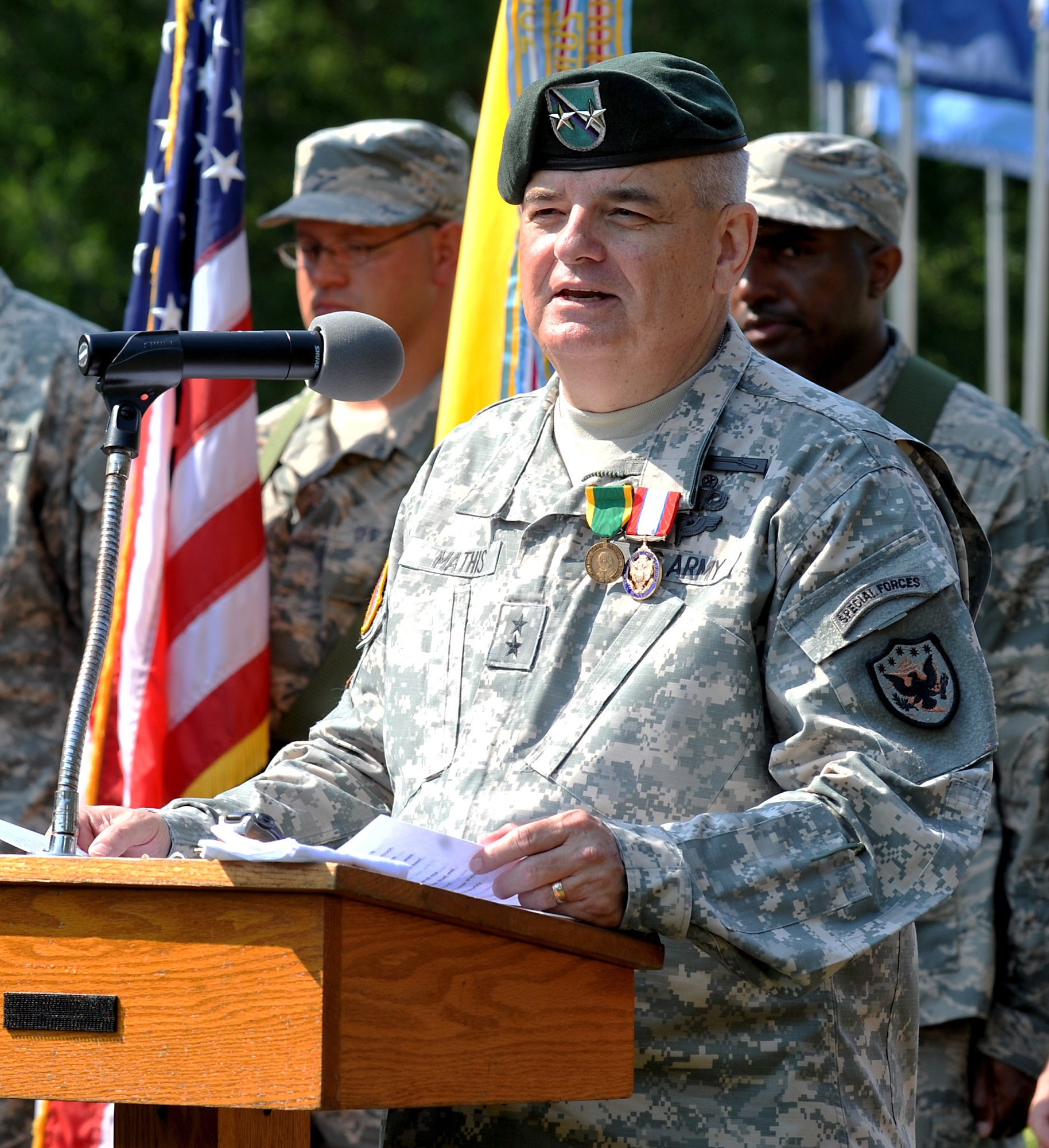 U.S. Army Maj. Gen. Jeff W. Mathis III, outgoing Joint Task Force Civil Support commander, speaks to a crowd during his retirement ceremony at Fort Eustis, Va., July 15, 2014. Mathis, who began his career on the Ides of March in 1975 enlisting as a Special Forces communications sergeant, will officially retire Oct. 31, 2014, after 39 years of dedicated service to the country. (Official DOD photo by U.S. Navy Petty Officer 1st Class Brian
Dietrick)
