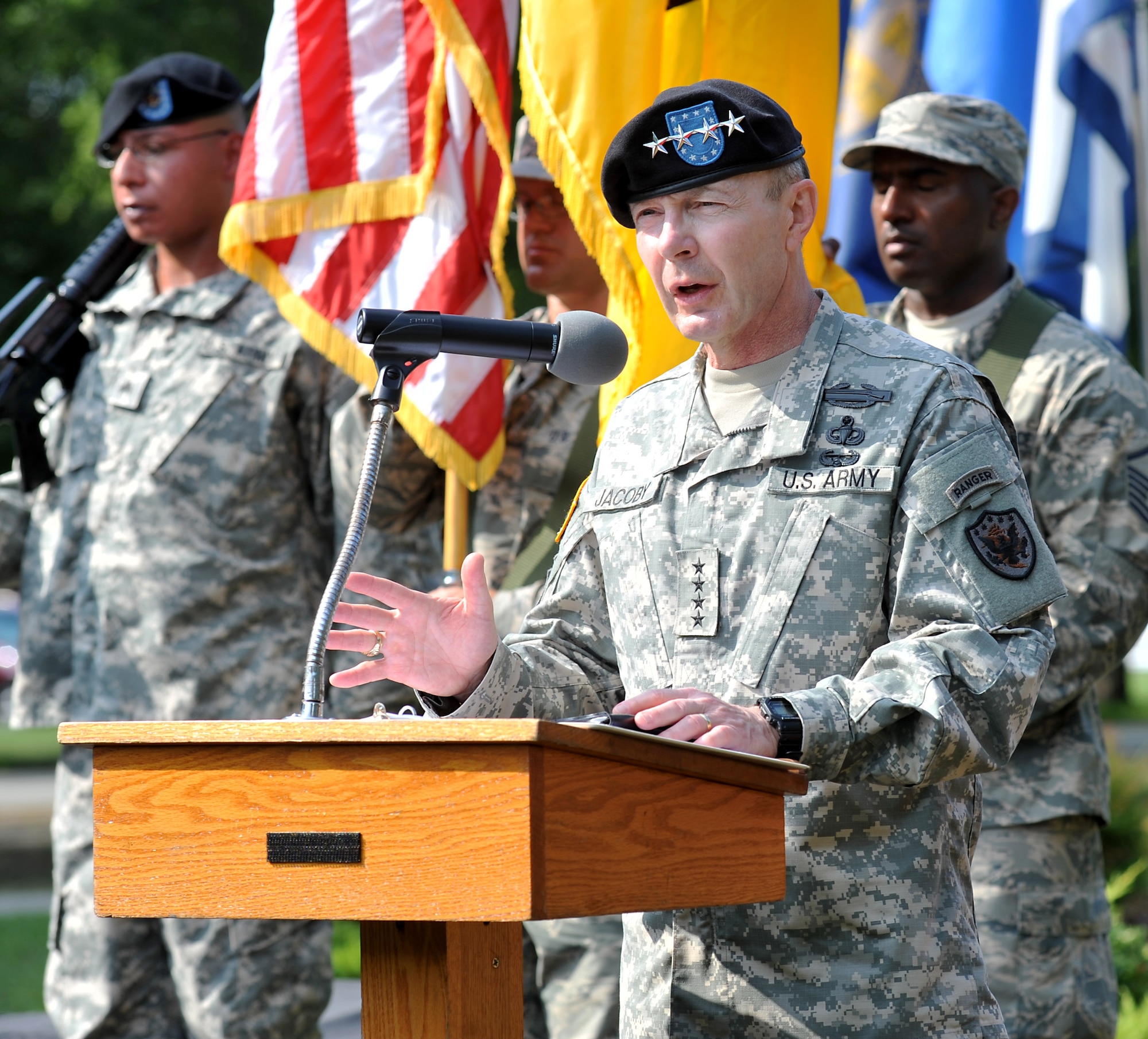 U.S. Army Gen. Charles H. Jacoby, Jr., commander of the North American Aerospace Defense Command and U.S. Northern Command, praises the leadership of Maj. Gen. Jeff W. Mathis III, outgoing Joint Task Force Civil Support commander, during the JTF-CS change of command ceremony at Fort Eustis, July 15, 2014. Joint Task Force Civil Support anticipates plans and prepares for CBRN defense support to civil authorities response operations. (Official DOD photo by U.S. Navy Petty Officer 1st Class Brian
Dietrick)
