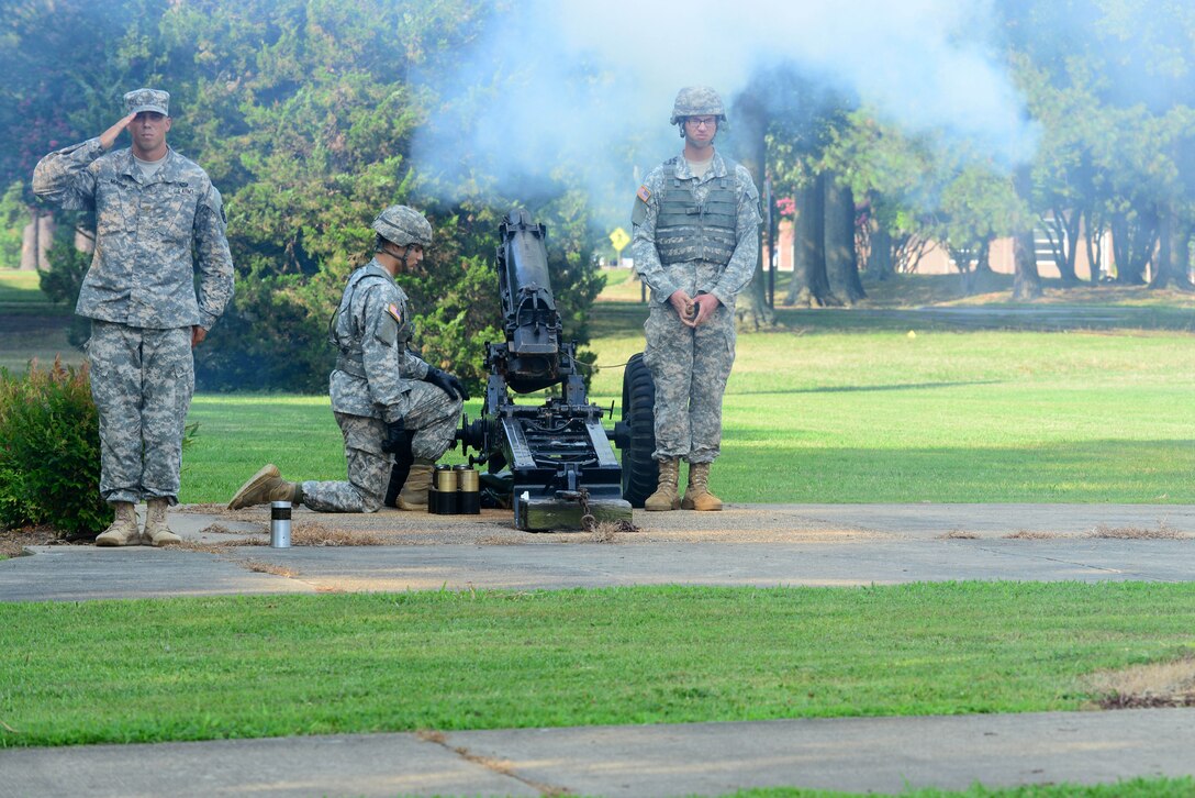 U.S. Army Soldiers perform a 13-gun salute, which is reserved for major generals as a display of respect, during a change of command ceremony at Fort Eustis, Va., July 15, 2014. The salute honored U.S. Army Maj. Gen. Jeff W. Mathis III, former Joint Task Force Civil Support commander, who relinquished command to Maj. Gen. William F. Roy. (U.S. Air Force photo by Airman 1st Class Kimberly Nagle/Released)