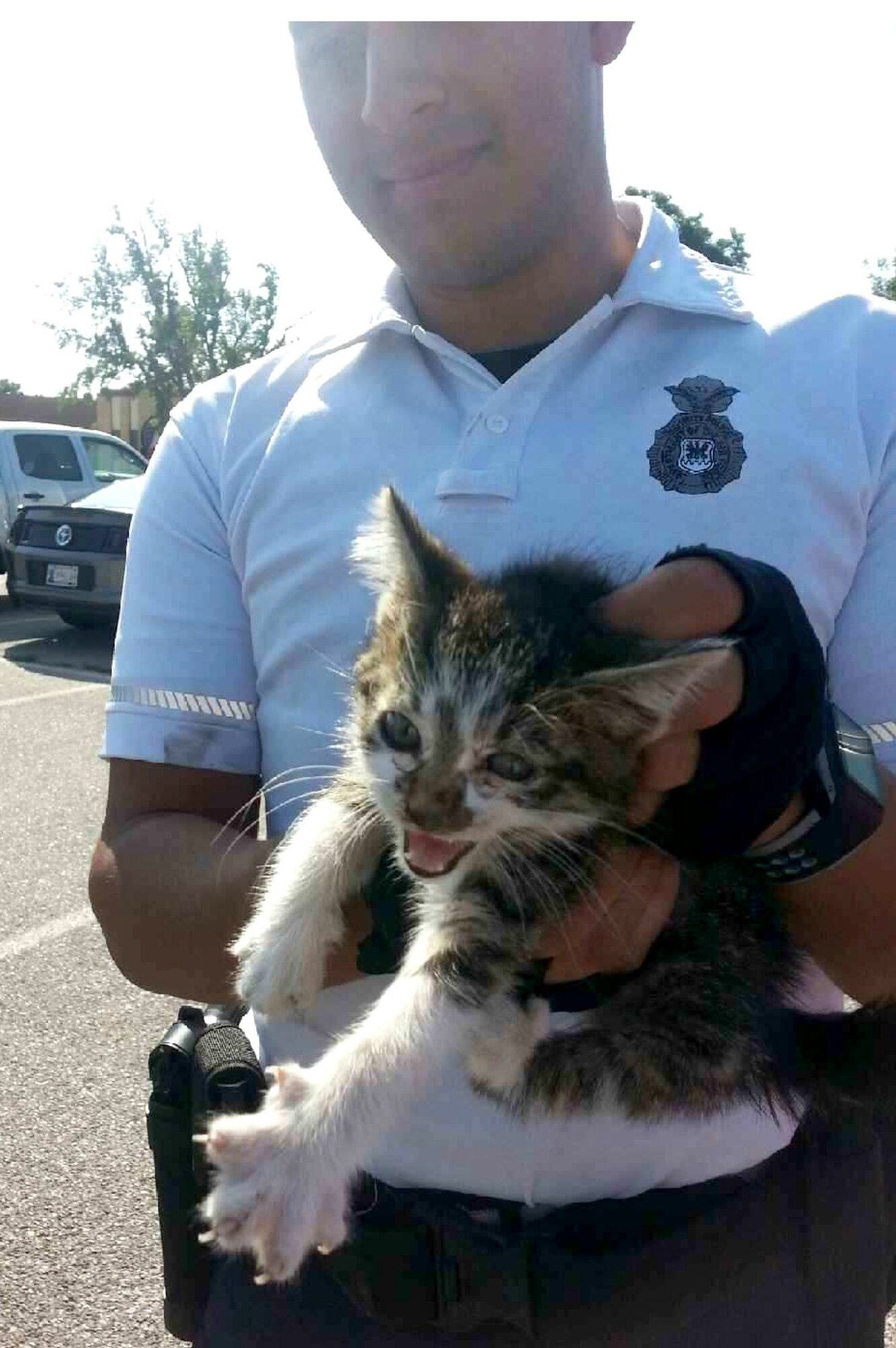 VANCE AIR FORCE BASE, Okla. -- Rudder the kitten expresses displeasure as Senior Airman Emilio Leos, a 71st Security Forces Squadron tactical-bicycle patrolman, keeps a secure grip on him. The lost kitten was rescued from under the hood of a Honda CR-V by Leos and several student pilots. (Courtesy photo)