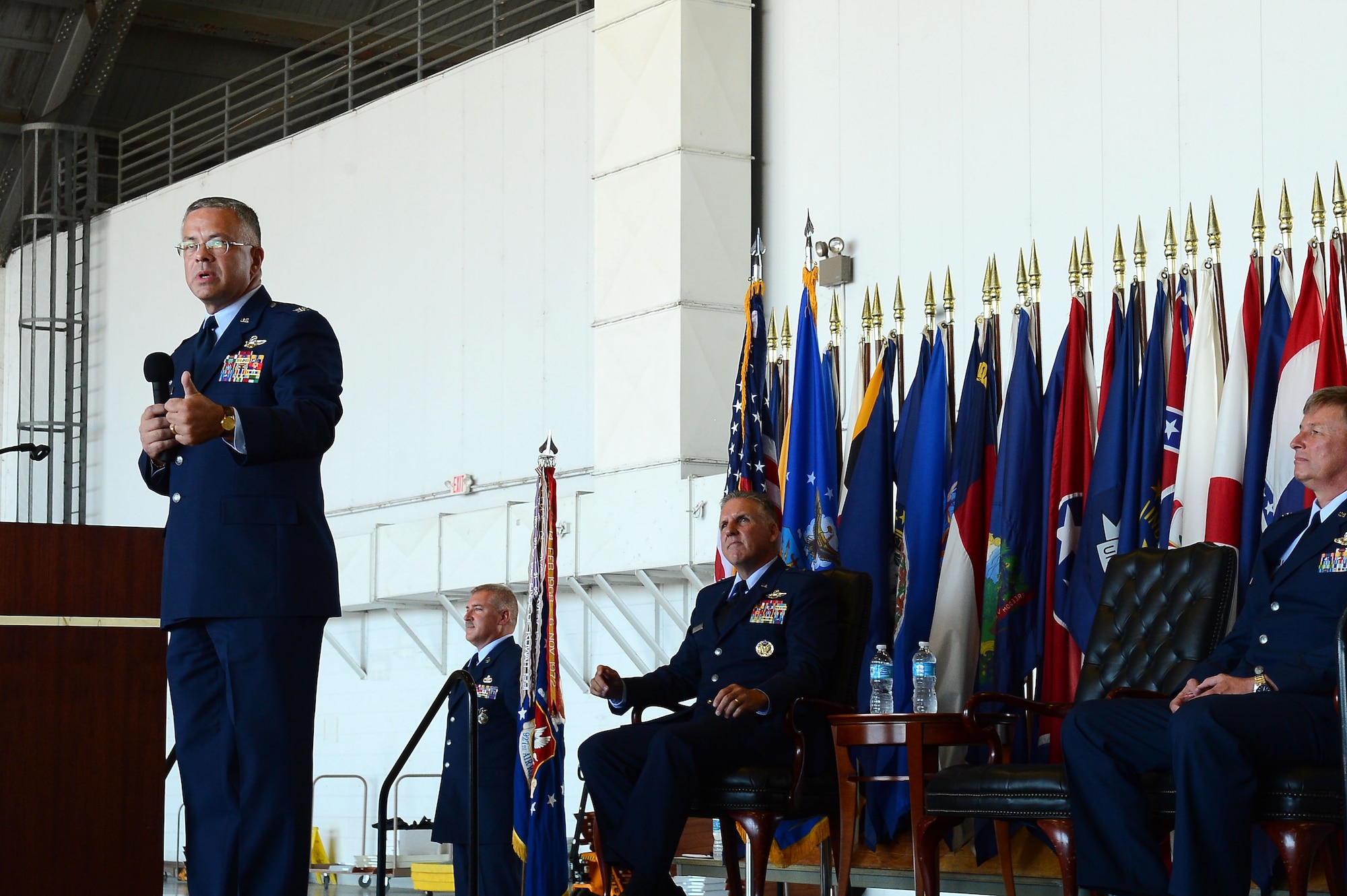 Col Bright addresses the 927 ARW during the change of command ceremony July 13. Col Bright comes to the wing from HQ Air Force Reserve Command, Robins AFB, Ga.  (US Air Force Photo by SrA Vernon Fowler)