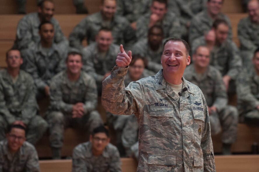 U.S. Air Force Col. Peter Bilodeau, 52nd Fighter Wing commander, talks during a call at the Skelton Memorial Fitness Center July 16, 2014, at Spangdahlem Air Base, Germany. Bilodeau talked about his background, family, and priorities. (U.S. Air Force photo by Senior Airman Rusty Frank/Released)