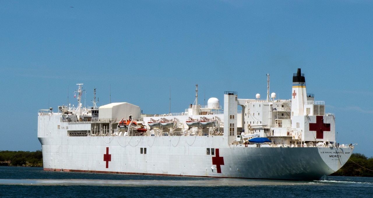 The hospital ship USNS Mercy departs Pearl Harbor for Rim of the Pacific 2014, the world's largest international maritime exercise, July 15, 2014. U.S. Navy photo by Petty Officer 1st Class Charles E. White 