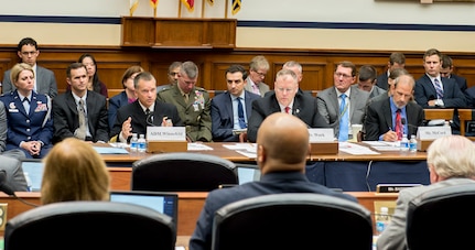Deputy Secretary of Defense Robert O. Work, Under Secretary of Defense (Comptroller) Michael J. McCord and 
Vice Chairman of the Joint Chiefs of Staff Adm. James A. "Sandy" Winnefeld, Jr., testify before the House Armed Services Committee concerning Fiscal Year 2015 Overseas Contingencies Operations Budget Request in Washington D.C. July 16, 2014. 