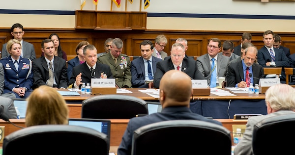 Deputy Secretary of Defense Robert O. Work, Under Secretary of Defense (Comptroller) Michael J. McCord and 
Vice Chairman of the Joint Chiefs of Staff Adm. James A. "Sandy" Winnefeld, Jr., testify before the House Armed Services Committee concerning Fiscal Year 2015 Overseas Contingencies Operations Budget Request in Washington D.C. July 16, 2014. 