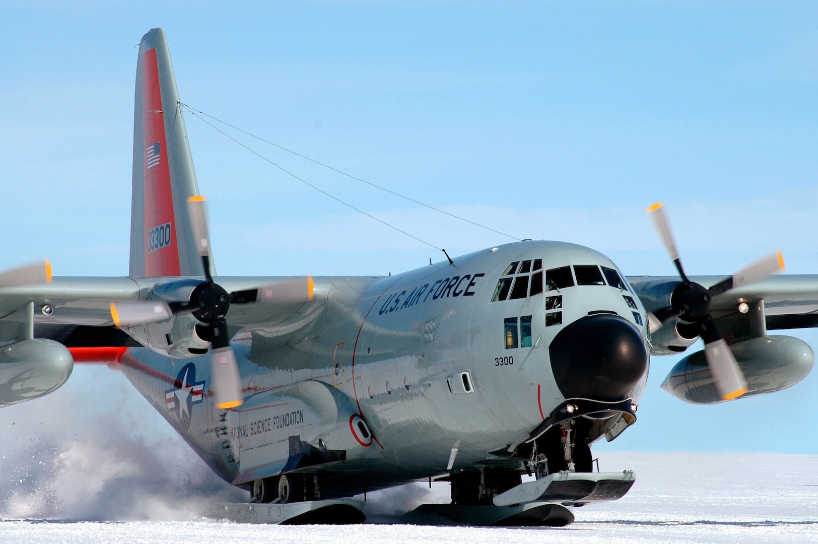 An LC-130 Hercules from the New York Air National Guard's 109th Airlift Wing takes off on the Greenland ice cap during a mission in September 2008. The 109th AW is the only organization in the U.S. military that flies the ski-equipped LC-130 aircraft.