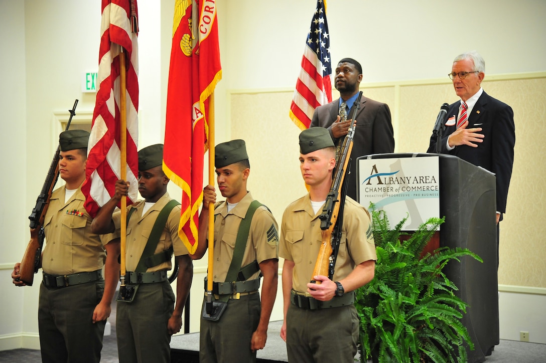 The Marine Corps Logistics Base Albany Color Guard presents colors during the Military Appreciation Rise and Shine breakfast at the Hilton Garden Inn in downtown Albany, Georgia, July 10.