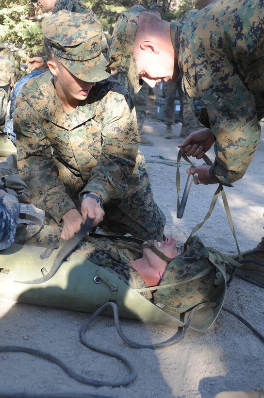 Naval Reserve Officers Training Corps Midshipmen 2nd Class Ray Hower and Matt jefferis, Kansas University, strap Midshipman 2nd Class James Jenkins, Citadel, into a SKED to practice mountain casualty evacuation at Marine Corps Mountain Warfare Training Center, Bridgeport, Calif., July 14.  The three midshipmen are part of a group of 155 that learned survival and tactical skills in a mountainous environment for summer training. (Official U.S. Navy photo by Lt. Matthew Comer)