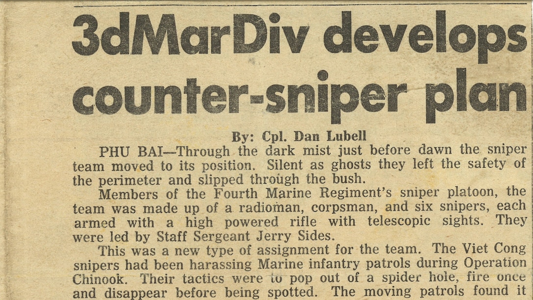 A newspaper clipping tells about retired Marine Walt Sides and the sniper platoon under his charge during the Vietnam War. Sides’ platoon, nicknamed ‘the Rogues,’ was the first Marine Corps scout sniper platoon trained exclusively in a combat zone. (Photo courtesy of Walt Sides)