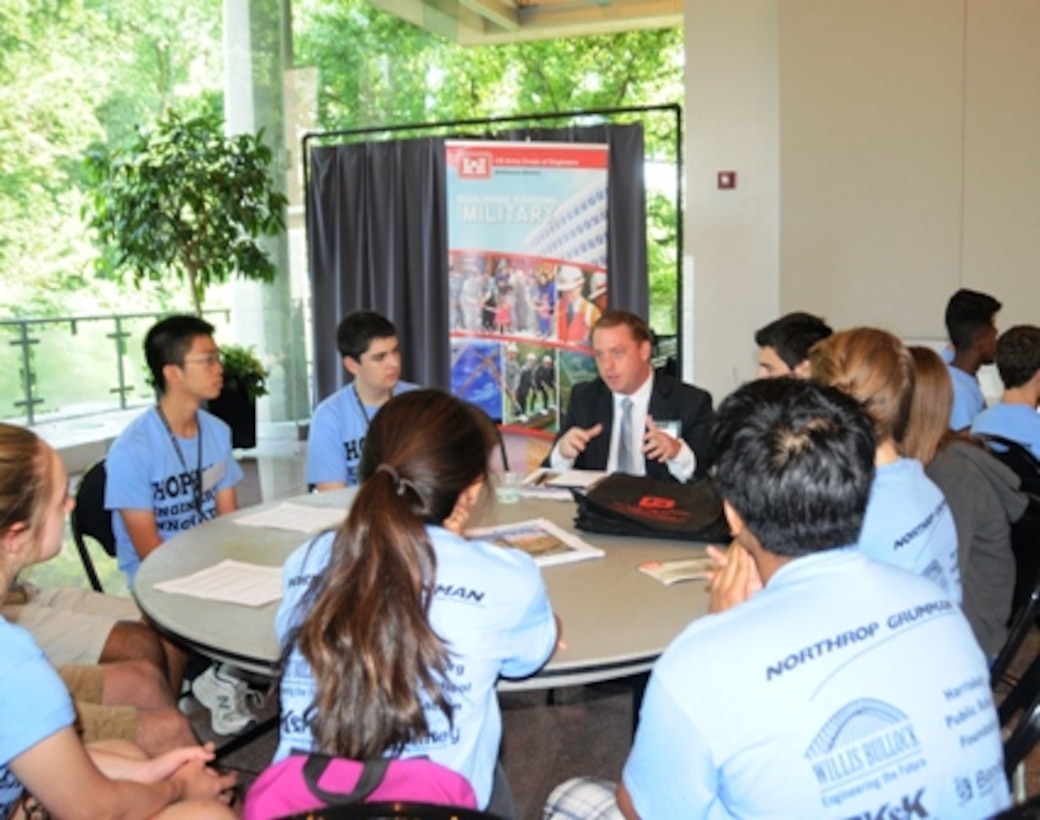 Mechanical Engineer Mitch Burns, U.S. Army Corps of Engineers, Baltimore District, speaks to students regarding his career as an engineer with the Corps at the Career Connections Program on July 16.  