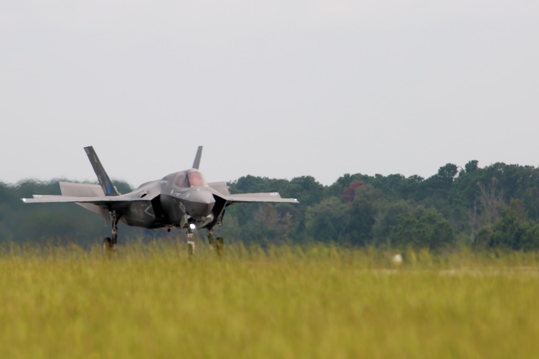 The first F-35B Lightning II Joint Strike Fighter assigned to Marine Fighter Attack Training Squadron 501 (VMFAT-501) lands aboard Marine Corps Air Station Beaufort, July 17. The aircraft is the first to join VMFAT-501 at MCAS Beaufort since relocating from Eglin Air Force Base, Fla. late last week. The F-35B Lightning II JSF will replace the Marine Corps' aging legacy tactical fleet. In addition to replacing the F/A-18A-D Hornet, the F-35B will replace the AV-8B Harrier and EA-6B Prowler, essentially necking down to one common tactical fixed-wing aircraft and providing the dominant, multi-role, fifth-generation capabilities needed across the full spectrum of combat operations to deter potential adversaries and enable future naval aviation power projection.
