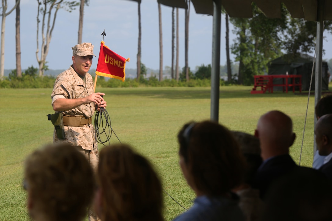 Brigadier Gen. Charles G. Chiarotti, the oncoming commanding general of 2nd Marine Logistics Group, speaks to guests during a change of command ceremony for 2nd MLG aboard Camp Lejeune, N.C., July 15, 2014. Chiarotti arrived at Camp Lejeune after serving as the deputy director of plans and programs for U.S. Africa Command in Stuttgart, Germany.