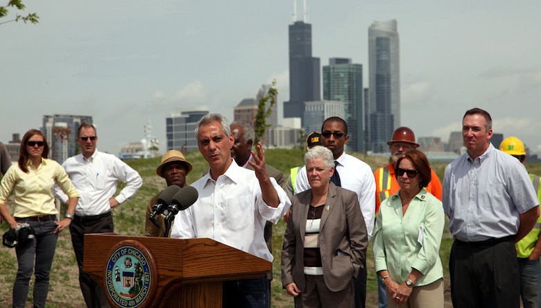 Mayor Rahm Emanuel speaks at a press conference at the Corps' Northerly Island Ecosystem Restoration Project site, Chicago, June 17, 2014. At right, Gina McCarthy, Environmental Protection Agency administrator; Jo-Ellen Darcy, Assistant Secretary of the Army (Civil Works); Michael Kelly, Chicago Park District superintendent. (U.S. Army Photo by Sarah Gross/Released)
