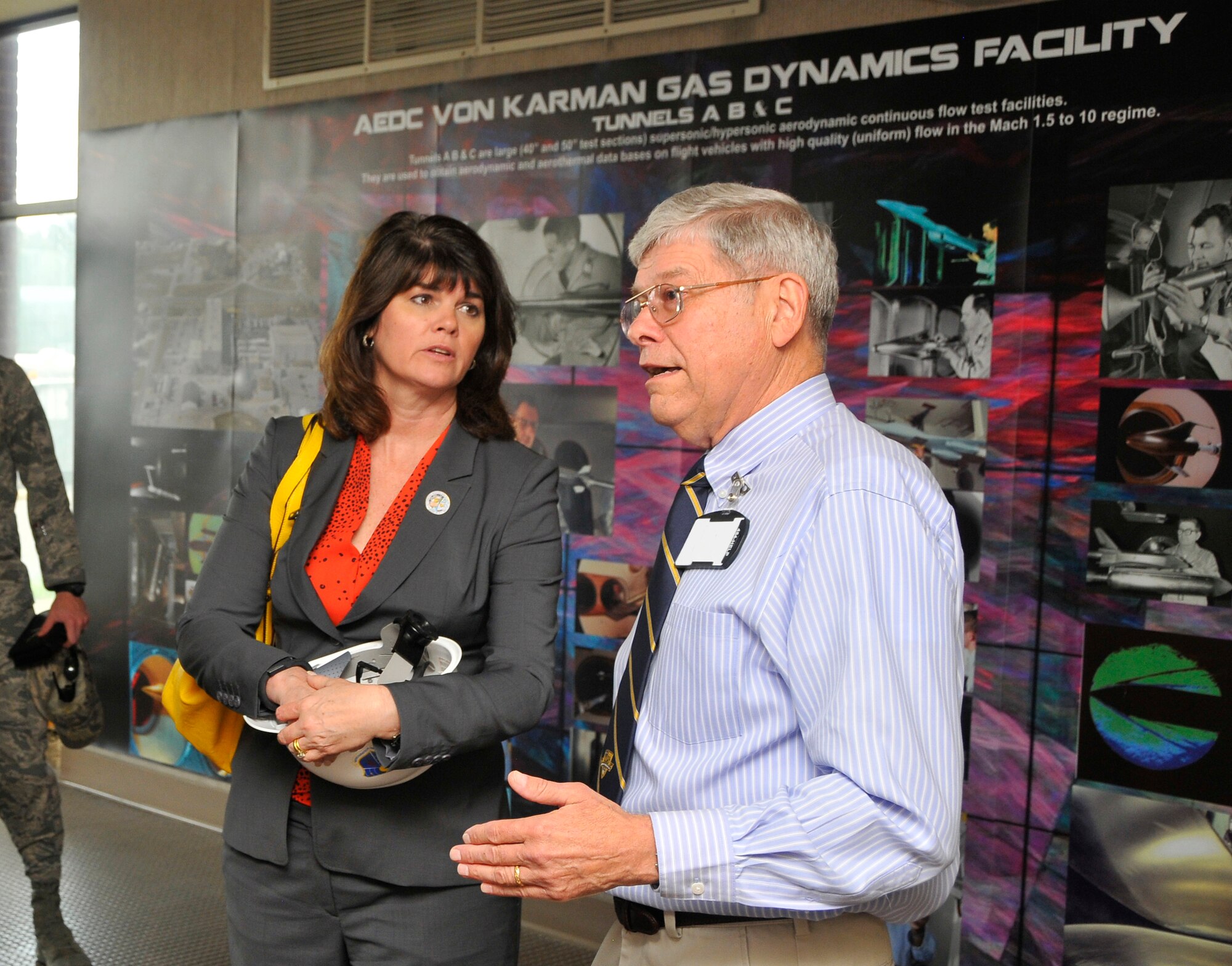 Dr. Mica Endsley (left), the U.S. Air Force Chief Scientist, visited Arnold Engineering Development Complex (AEDC) during the 63rd anniversary of the Complex. She toured one-of-a-kind aerospace testing facilities and spoke with Wayne Hawkins, the AEDC Propulsion Wind Tunnel Test Branch Technical Director, about the hypersonic wind tunnel test capabilities of the von Kármán Gas Dynamics Test Facility (VKF). She also toured the AEDC Aerodynamic and Propulsion Test Unit for testing high speed propulsion systems and materials and the Propulsion Wind Tunnel 16-foot Supersonic Wind Tunnel, an aerodynamic testing facility. (Photos by Jacqueline Cowan) 