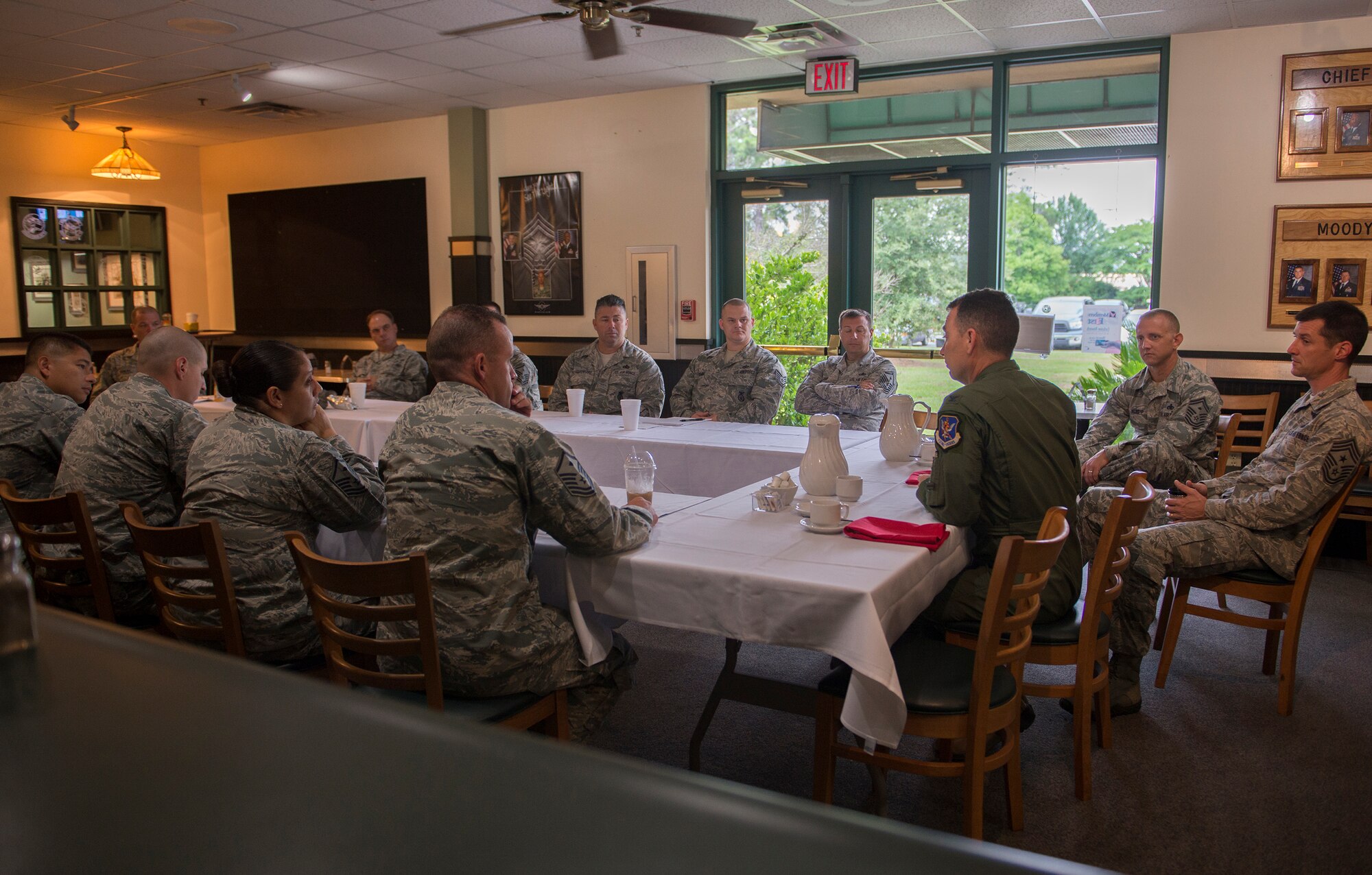 U.S. Air Force Col. Chad Franks, 23d Wing commander, speaks to Moody’s first sergeants during breakfast June 16, 2014, at Moody Air Force Base, Ga. Franks focused on how important their mission is to Moody’s commanders. (U.S. Air Force photo by Airman Dillian Bamman/Released)