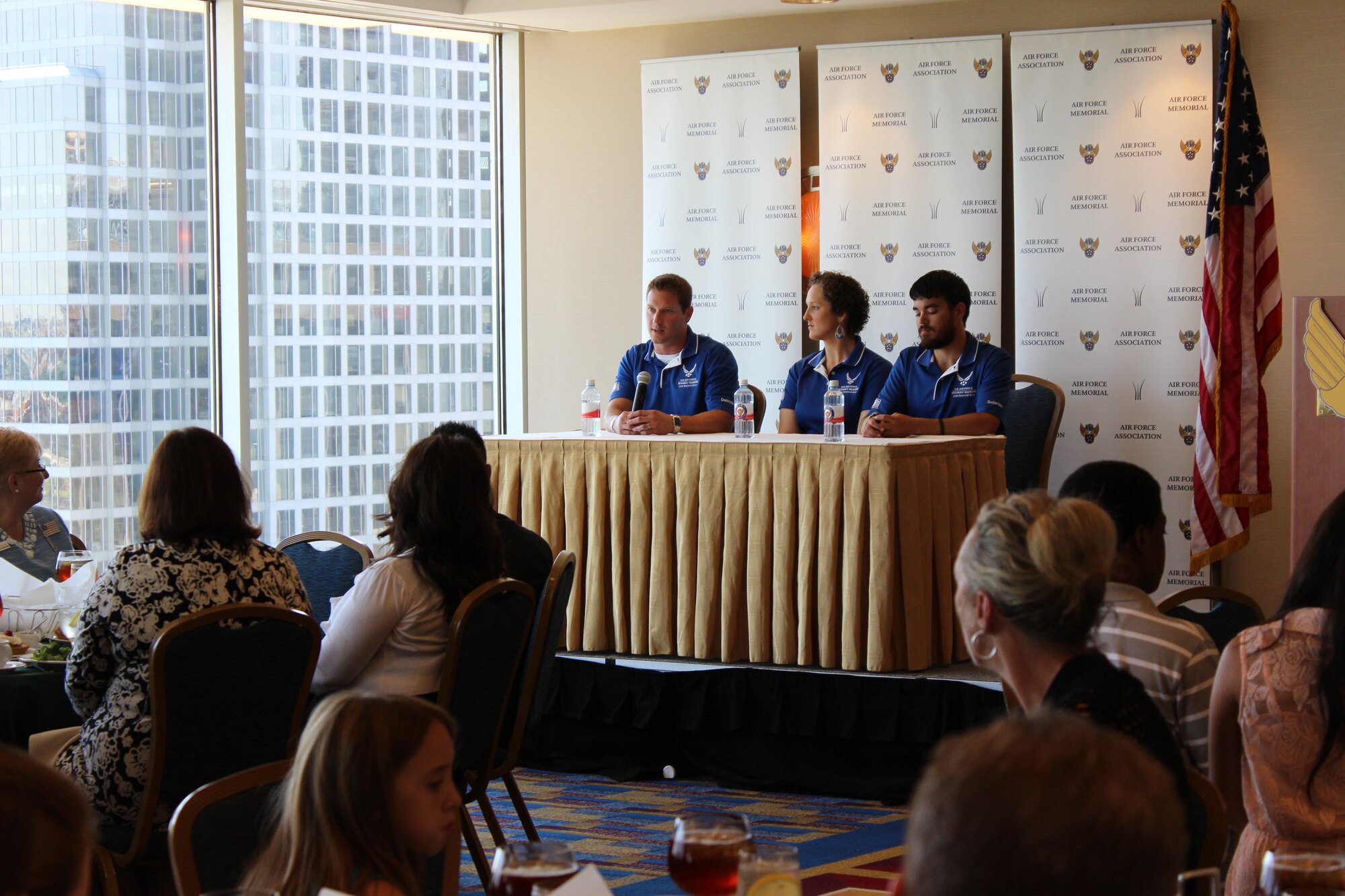 (From left) Capt. Mitch Kieffer, Staff Sgt. Melissa Garcia and retired Staff Sgt. Daniel Crane share their journey from injury to recovery during an Air Force Association discussion panel before participating in the AFA Cycling Classic in Arlington, Virginia. (Courtesy photo)
.
