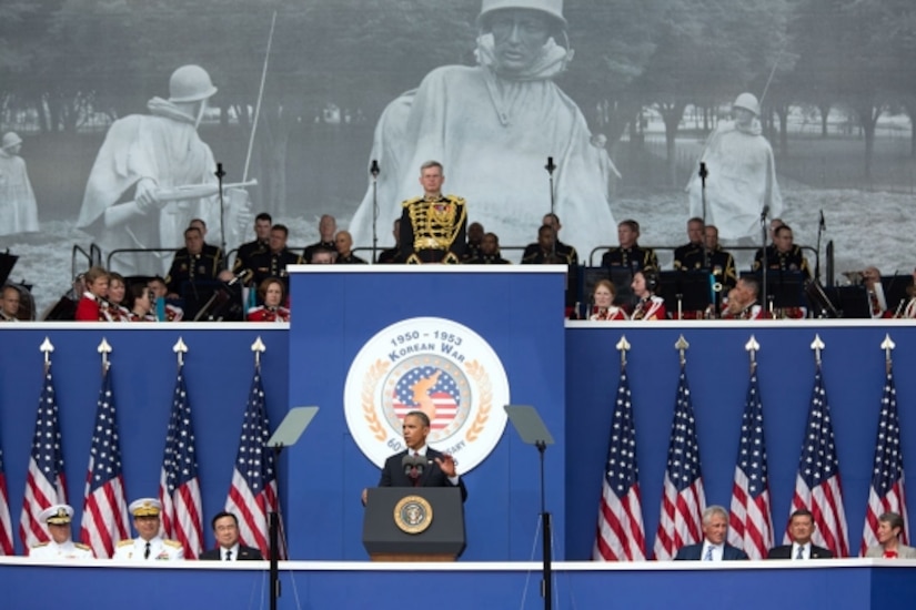 U.S. President Barack Obama delivers remarks to commemoration of the 60th anniversary of the signing of the Armistice that ended the Korean War, at the Korean War Veterans Memorial in Washington, D.C., July 27, 2013. The Armistice was designed to "insure a complete cessation of hostilities and of all acts of armed force in Korea until a final peaceful settlement is achieved." (Official White House Photo by Amanda Lucidon) 