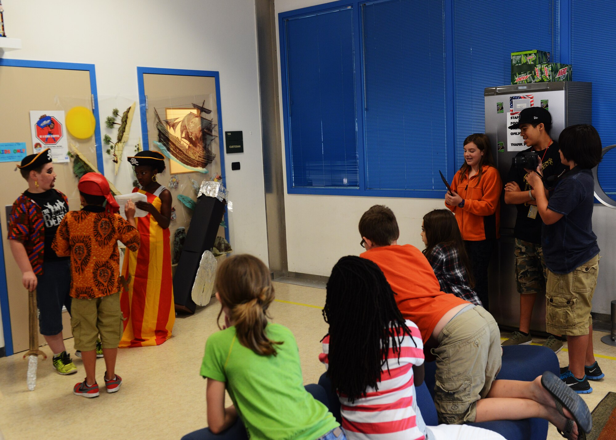 Aviano Youth Programs theater summer camp attendees perform their rendition of a pirate play, July 16, 2014, at Aviano Air Base, Italy. AYP summer camps are available for school-age children from first to twelfth grade. (U.S. Air Force photo/Airman 1st Class Ryan Conroy) 
