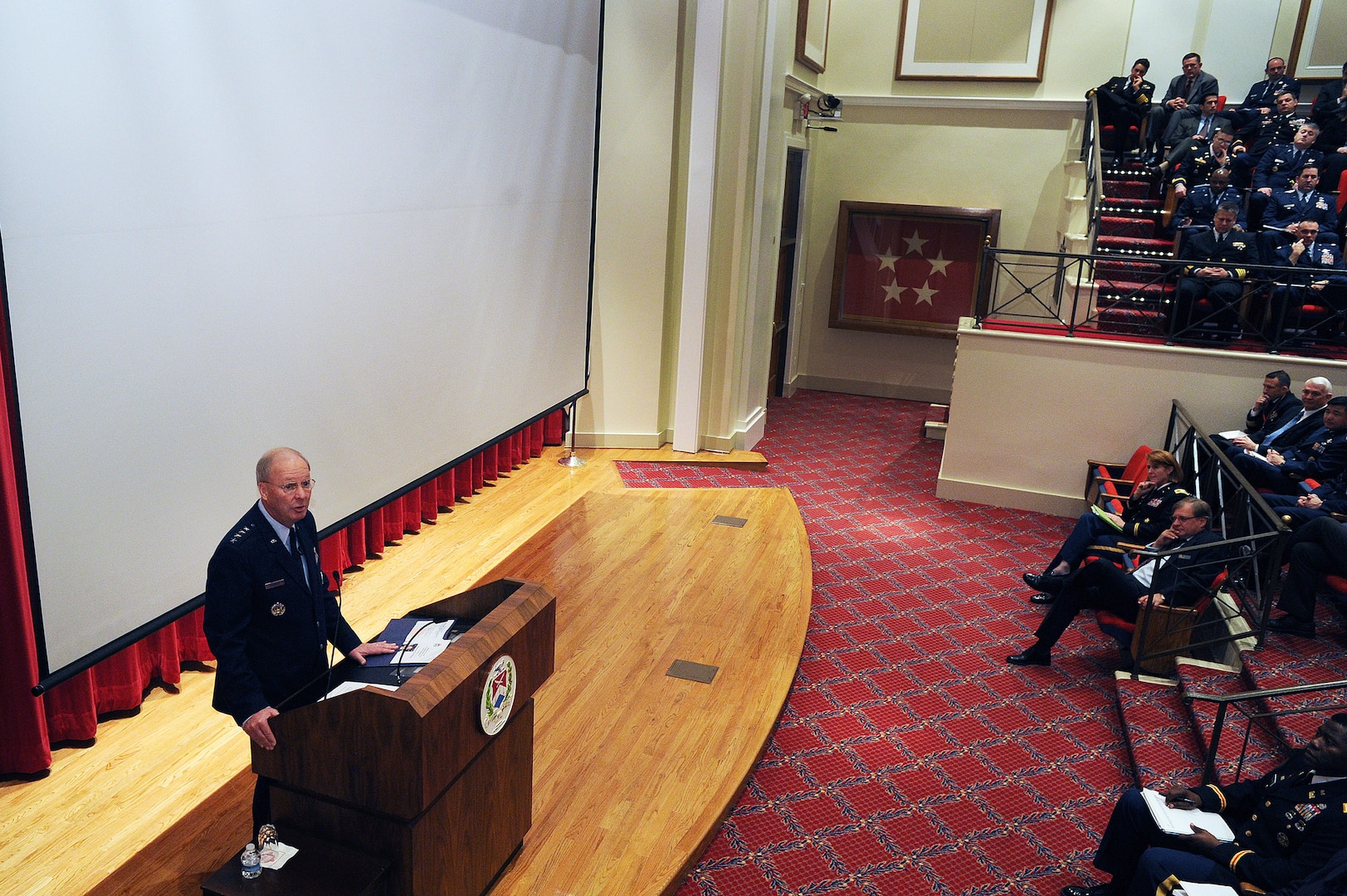 Air Force Gen. Craig McKinley, chief of the National Guard Bureau, addresses National War College students during a visit to the school at Fort Lesley J. McNair, Washington, D.C., on Feb. 8, 2012. McKinley touched on both how the skills learned at the school will be used in the years to come and the roles the National Guard fulfills. McKinley is a 1995 graduate of the college.