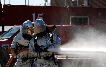 Airmen with the Arkansas National Guard's 188th Fire Emergency Services Flight conduct training at the 188th Fighter Wing during a Unit Training Assembly Feb. 11, 2012. In addition to the 188th FESF's primary mission of providing fire protection to military aircraft and installation facilities, it also responds to emergency calls for commercial and civilian aircraft as well as medical emergencies through a joint-use agreement with the Fort Smith Regional Airport.