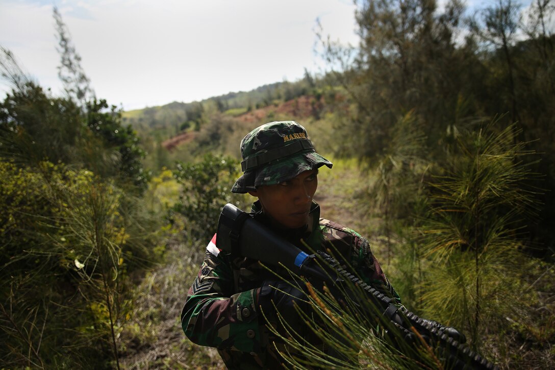 KAHUKU TRAINING AREA, Hawaii - Indonesian marine 1st Sgt. Han Tarhan moves through the jungle with his squad on a reconnaissance patrol in search of opposing forces. The Indonesians, from various units of the Korps Marinir, trained with U.S. Marines assigned to India Company, 3rd Battalion, 3rd Marine Regiment during Rim of the Pacific (RIMPAC) Exercise 2014, July 13. Twenty-two nations, 49 ships and six submarines, more than 200 aircraft and 25,000 personnel are participating in RIMPAC from June 26 to Aug. 1 in and around the Hawaiian Islands and Southern California. The world's largest international maritime exercise, RIMPAC provides a unique training opportunity that helps participants foster and sustain the cooperative relationships that are critical to ensuring the safety of sea lanes and security on the world's oceans. RIMPAC 2014 is the 24th exercise in the series that began in 1971. (U.S. Marine Corps photo by Cpl. Matthew Callahan/Released)