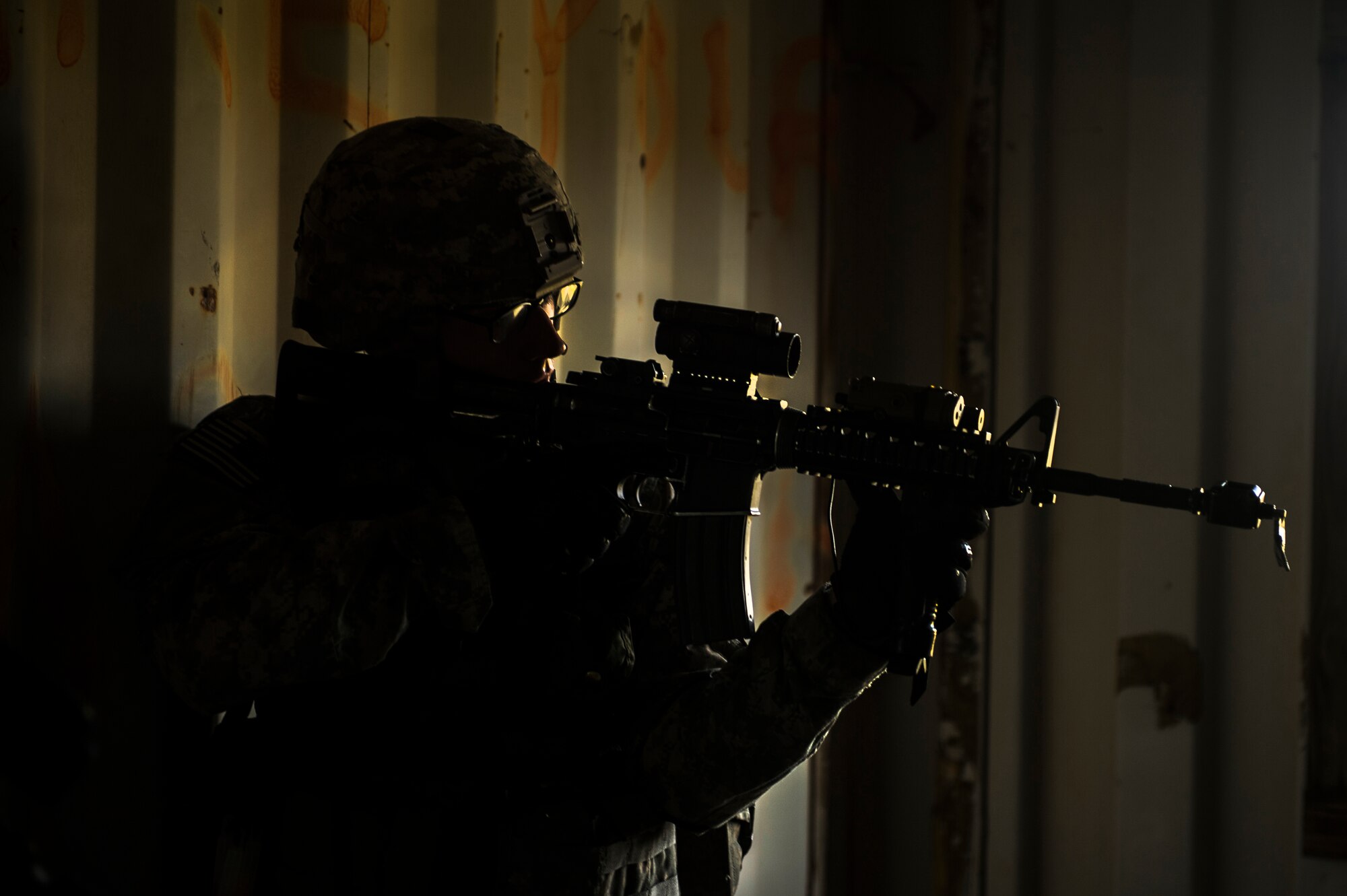 A Soldier from the 82nd Airborne Division provides security during an infil and exfil training exercise on Eglin Range, Fla., July 17, 2014. The 1st Special Operations Support Squadron HAVE-ACE schedules and plans joint training to ensure U.S. Special Operations Command members are ready to deploy any time, any place.  (U.S. Air Force photo/Senior Airman Christopher Callaway)