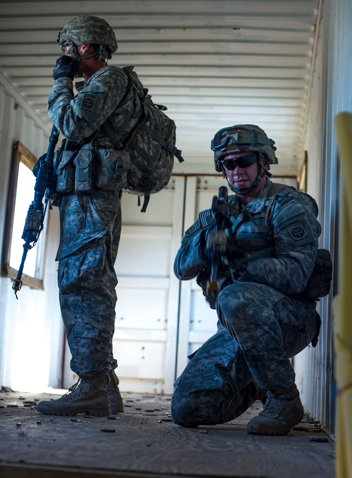 Soldiers from the 82nd Airborne Division post security during an infil and exfil training exercise on Eglin Range, Fla., July 17, 2014. The 1st Special Operations Support Squadron HAVE-ACE hosted a joint training exercise to continue building trusted relationships with Hurlburt Fields joint combat teammates. (U.S. Air Force photo/Senior Airman Christopher Callaway)
