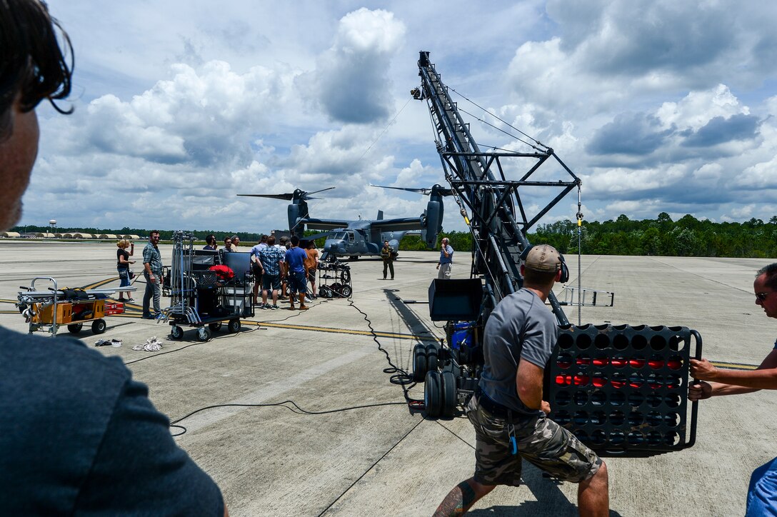GSD&M Advertising crew film a portion of an Air Force Recruiting commercial at Hurlburt Field, Fla., July 9, 2014. Capt. Chris Nehls, 8th Special Operations Squadron pilot, is a major role in one of the new commercials. (U.S. Air Force photo/Airman 1st Class Jeff Parkinson)