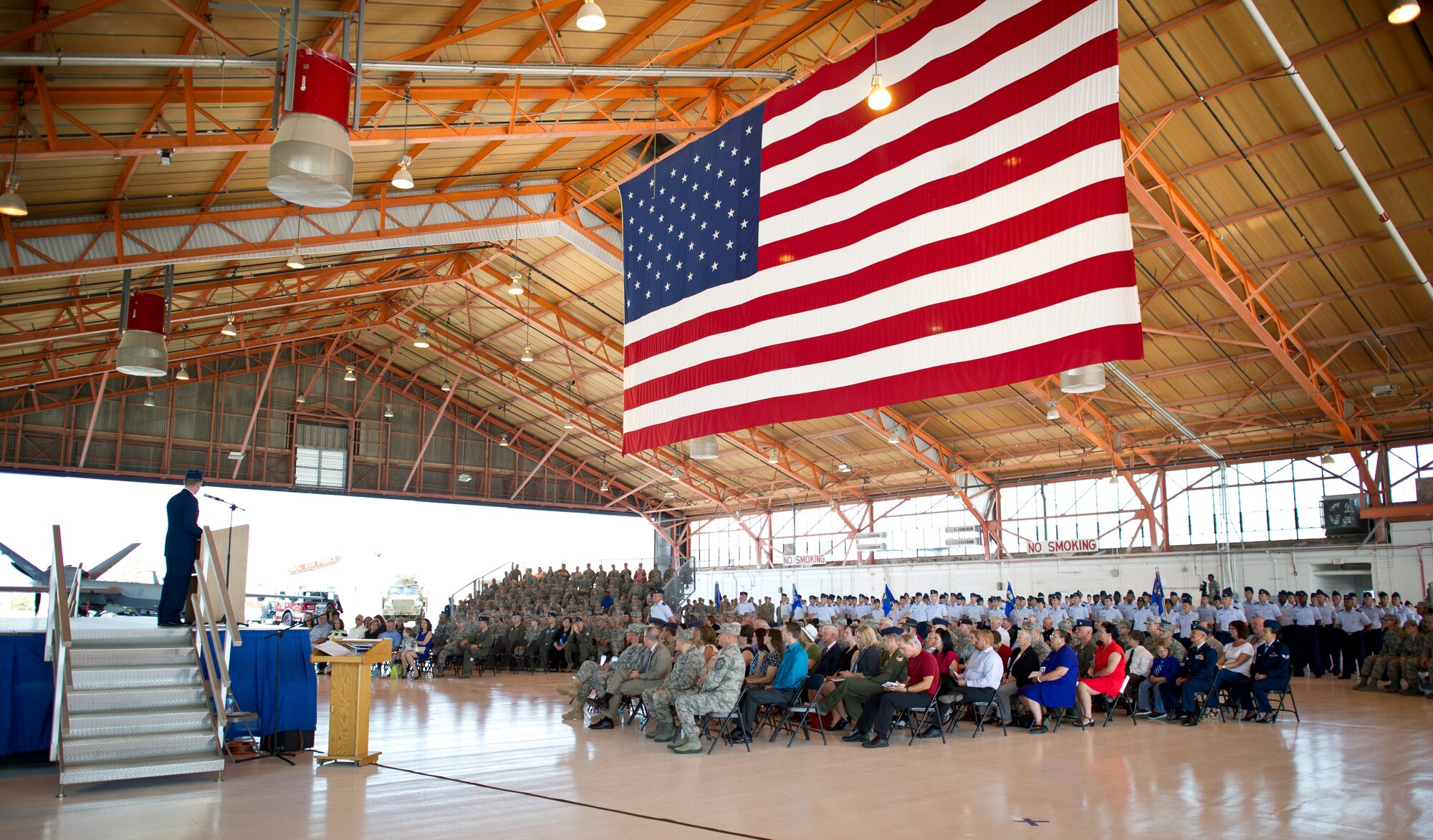 Colonel Robert Kiebler, 49th Wing commander, speaks to members of Team Holloman during his assumption of command ceremony at Holloman Air Force Base, N.M., July 18. An assumption or change of command is a military tradition that represents a formal transfer of authority and responsibility for a unit from one commanding officer to another. (U.S. Air Force photo by Staff Sgt. Stacy Moless / Released)