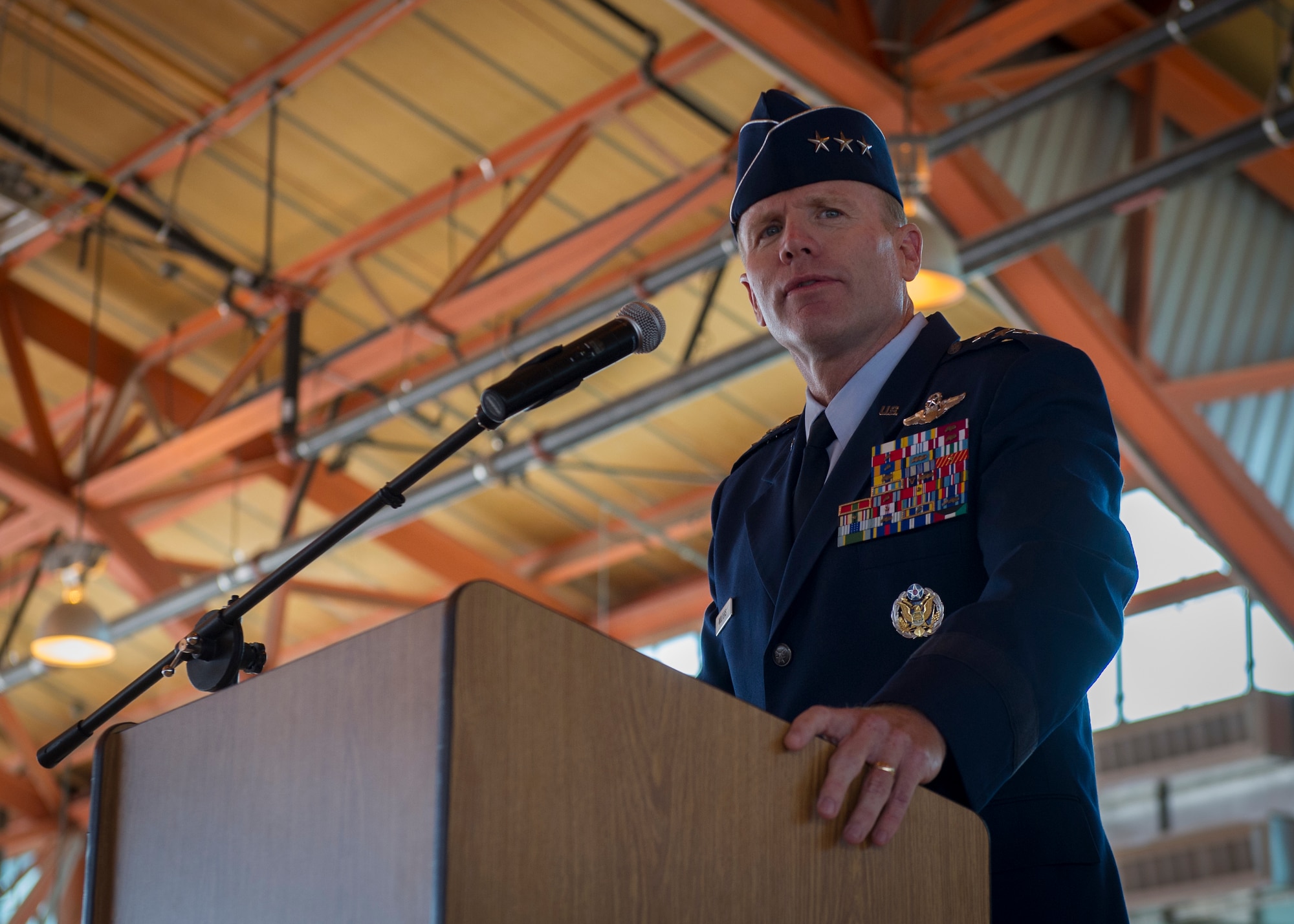 Lieutenant General Tod D. Wolters, 12th Air Force (Air Forces Southern) commander, speaks to 49th Wing members during an assumption of command ceremony at Holloman Air Force Base, N.M., July 18. Wolters visited Holloman to officiate Kiebler’s assumption of command of the 49th Wing. (U.S. Air Force photo by Airman 1st Class Aaron Montoya / Released)