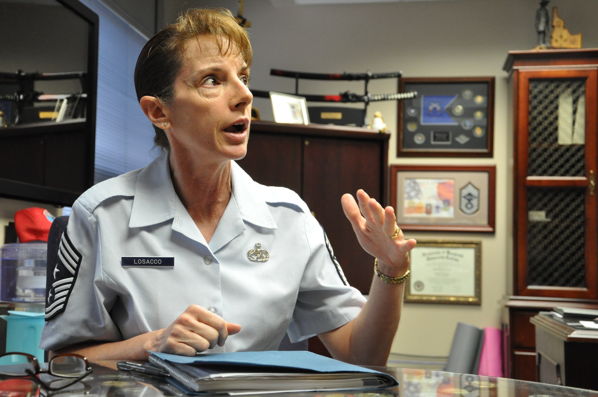 Chief Master Sgt. Doreen Losacco, Air Force Life Cycle Management Center command chief, promotes the concept that individuals have to balance their careers, home life, education and community involvement. Losacco arrived at Wright-Patterson Air Force Base in June from Sheppard Air Force Base, Texas, where she served as command chief for the 80th Flying Training Wing. (Air Force photo by John Scaggs)