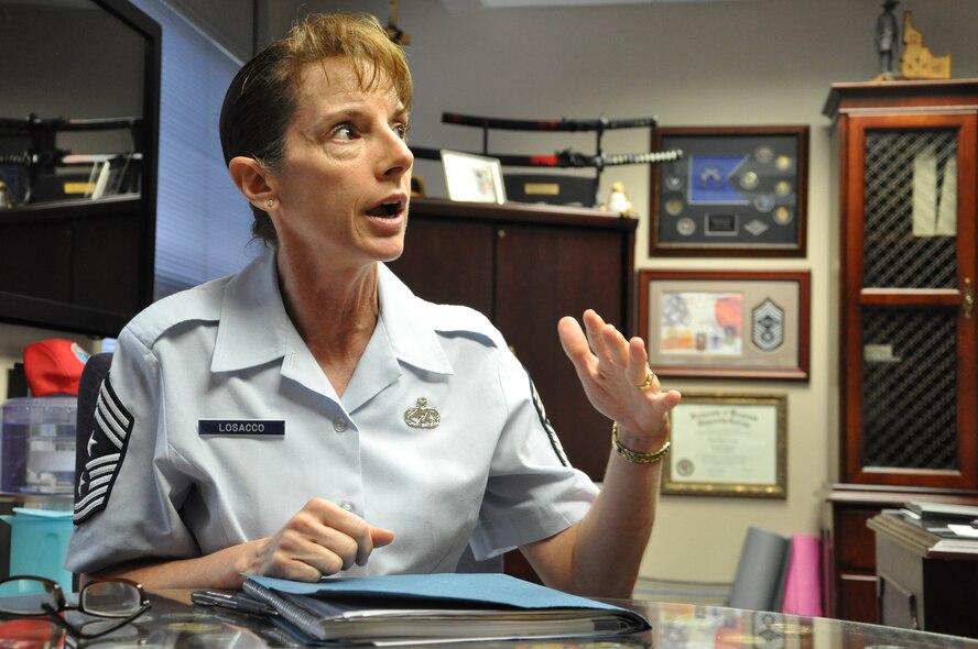 Chief Master Sgt. Doreen Losacco, Air Force Life Cycle Management Center command chief, promotes the concept that individuals have to balance their careers, home life, education and community involvement. Losacco arrived at Wright-Patterson Air Force Base in June from Sheppard Air Force Base, Texas, where she served as command chief for the 80th Flying Training Wing. (Air Force photo by John Scaggs)