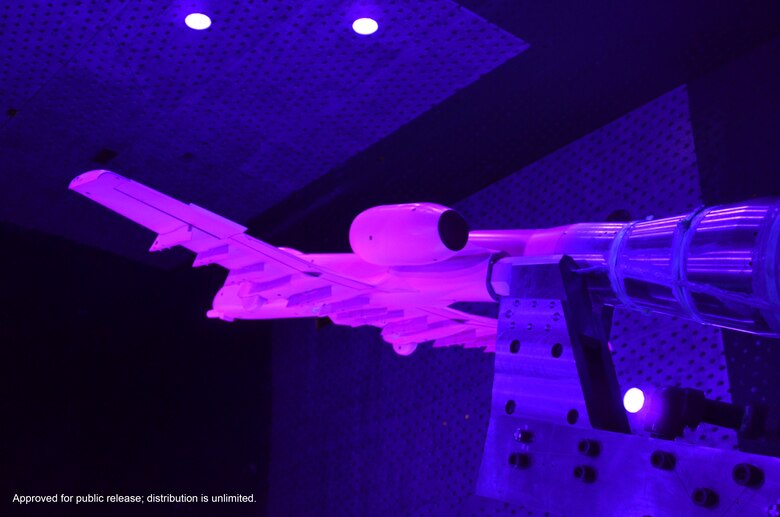 A model of an A-10 Thunderbolt II, more commonly known as “The Warthog” due to its unique shape, recently underwent a pressure-sensitive paint (PSP) test in Arnold Engineering Development Complex’s (AEDC) 16-foot transonic wind tunnel. PSP was used to obtain surface pressure data on the model. The photo above shows a rear view of the A-10 model during testing in 16T. The A-10 is the only U.S. Air Force aircraft designed to be specifically used for close air support. The aircraft is notorious for its maneuverability at low speeds and low altitudes and its accurate weapons delivery. 