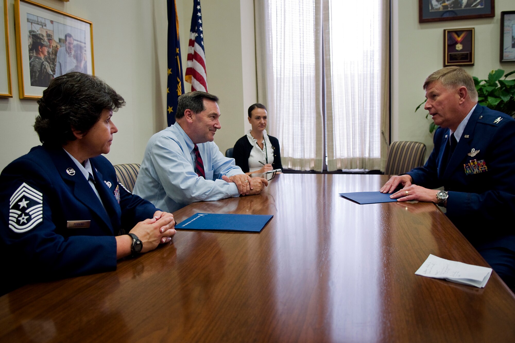 From left to right, Chief Master Sgt. Karen Perkins, 434th Air Refueling Wing command chief; Sen. Joe Donnelly of Indiana; Marta McLellan Ross, military legislative assistant for Donnelly; and Col. Doug Schwartz, 434th ARW commander, discuss the Hoosier Wing during a Capitol Hill visit in Washington D.C. June 16, 2014. During the trip, Schwartz and Perkins visited six members of Indiana?s congressional delegation on Capitol Hill to talk about Grissom?s role in the nation?s defense, Indiana economy and future. (U.S. Air Force photo/Tech. Sgt. Mark R. W. Orders-Woempner)