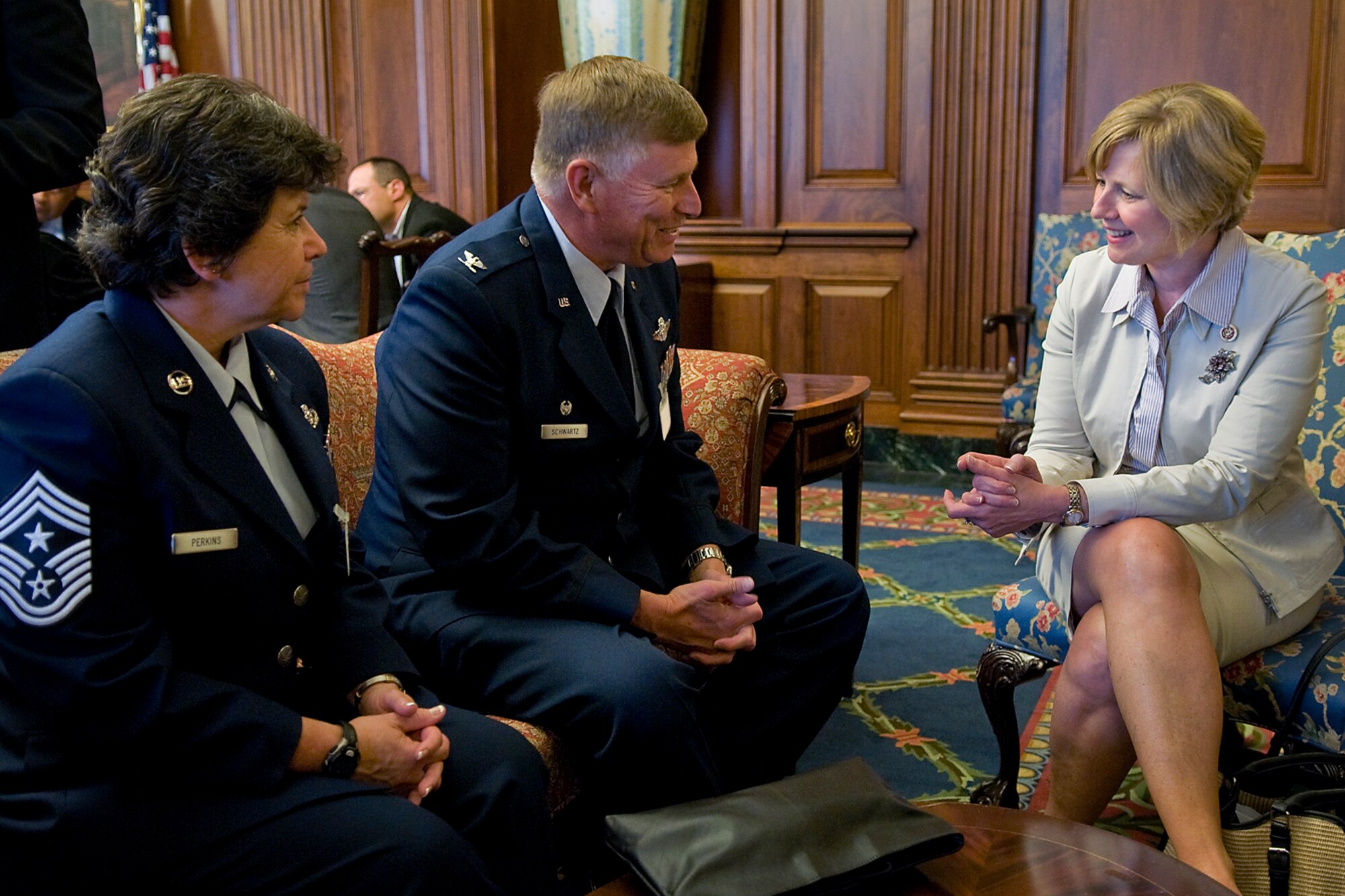From left to right, Chief Master Sgt. Karen Perkins, 434th Air Refueling Wing command chief; Col. Doug Schwartz, 434th ARW commander; and Rep. Susan Brooks of Indiana discuss the Hoosier Wing during a Capitol Hill visit in  Washington D.C. June 16, 2014. During the trip, Schwartz and Perkins visited six members of Indiana?s congressional delegation on Capitol Hill to talk about Grissom?s role in the nation?s defense, Indiana economy and future. (U.S. Air Force photo/Tech. Sgt. Mark R. W. Orders-Woempner)