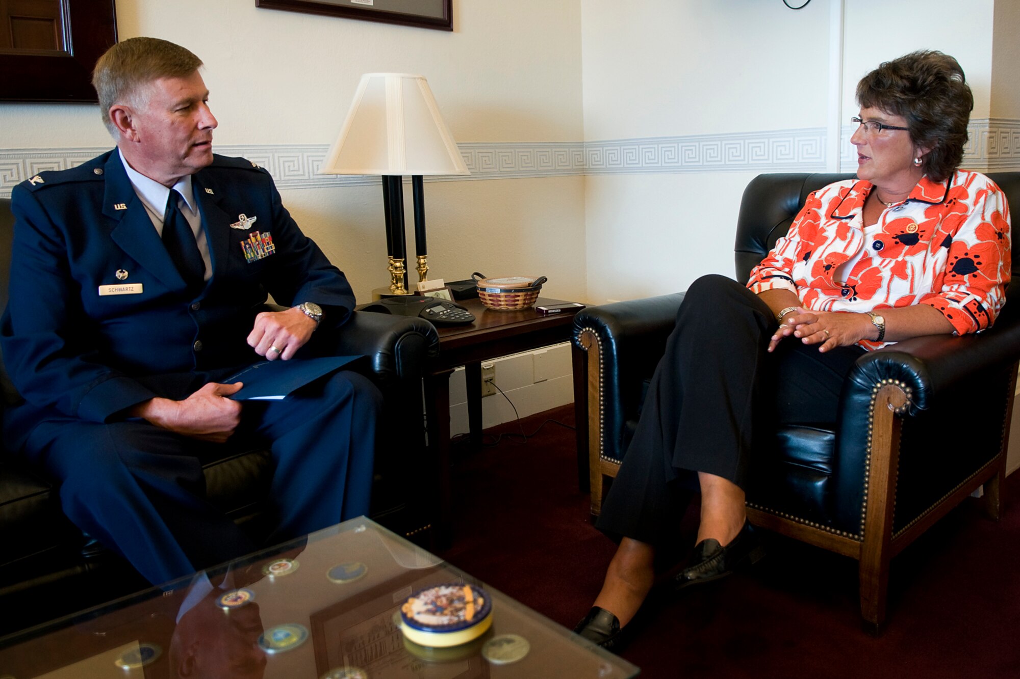 Col. Doug Schwartz, 434th Air Refueling Wing commander, and Rep. Jackie Walorski of Indiana discuss the Hoosier Wing during a Capitol Hill visit in Washington D.C. June 16, 2014. During the trip, Schwartz visited six members of Indiana?s congressional delegation on Capitol Hill to talk about Grissom?s role in the nation?s defense, Indiana economy and future. (U.S. Air Force photo/Tech. Sgt. Mark R. W. Orders-Woempner)
