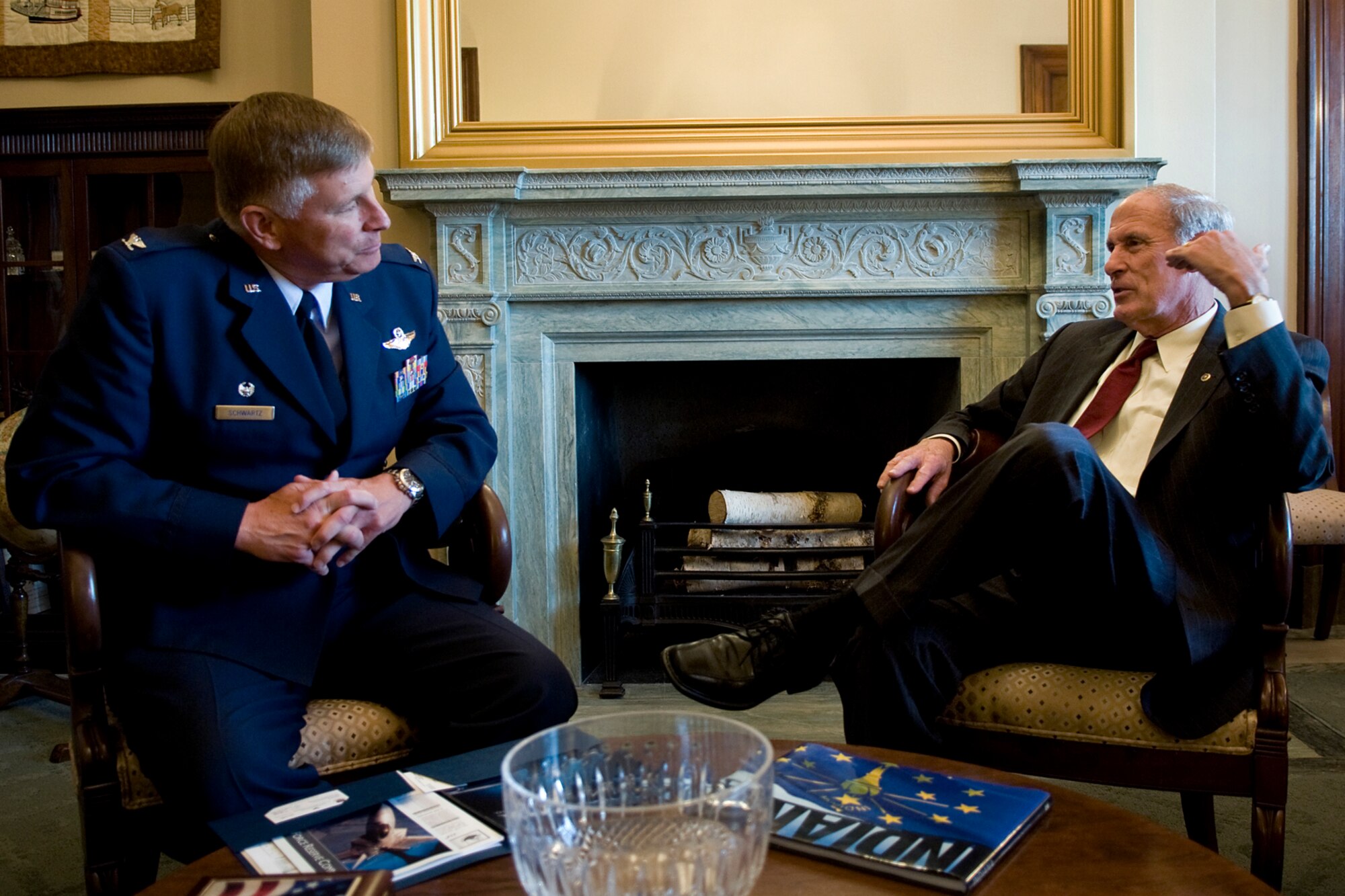 Col. Doug Schwartz, 434th Air Refueling Wing commander, left, and Sen. Dan Coats of Indiana discuss the Hoosier Wing during a Capitol Hill visit in Washington D.C. June 16, 2014. During the trip, Schwartz visited six members of Indiana?s congressional delegation on Capitol Hill to talk about Grissom?s role in the nation?s defense, Indiana economy and future. (U.S. Air Force photo/Tech. Sgt. Mark R. W. Orders-Woempner)