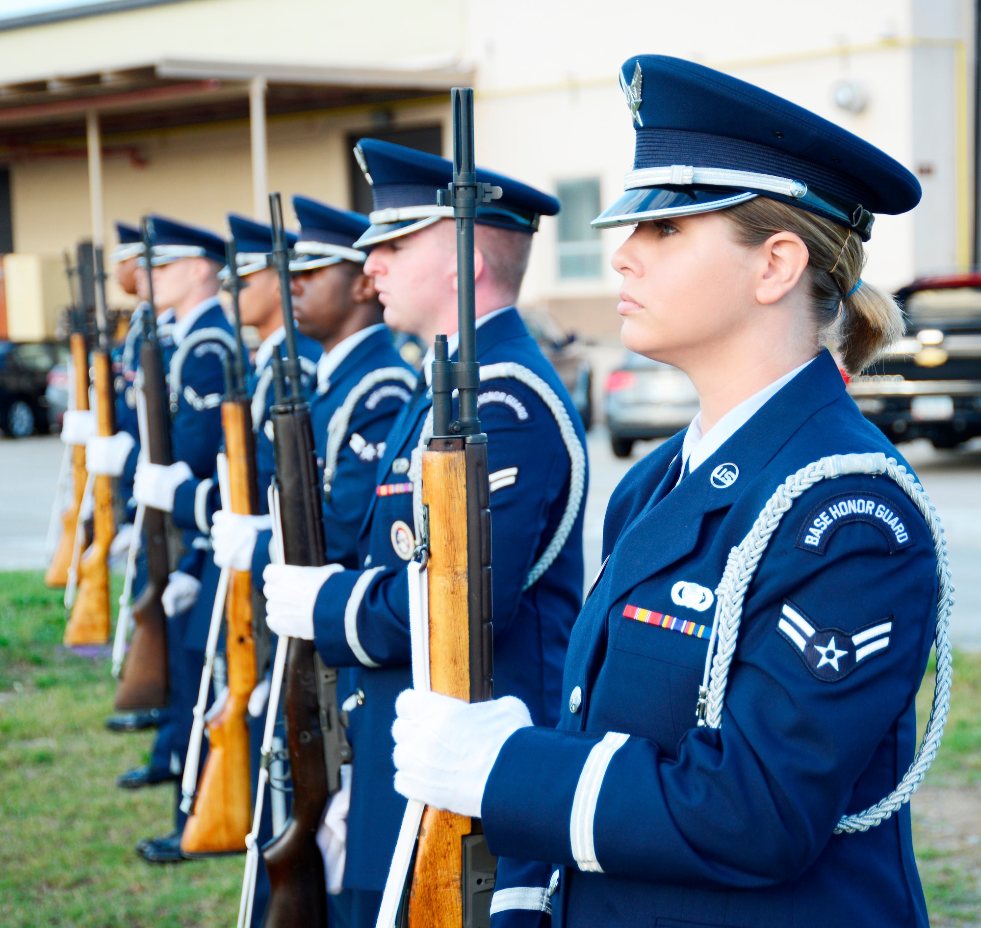 The Robins Honor Guard firing party renders a rifle salute during memorial service practice.(U.S. Air Force photo by Ed Aspera)