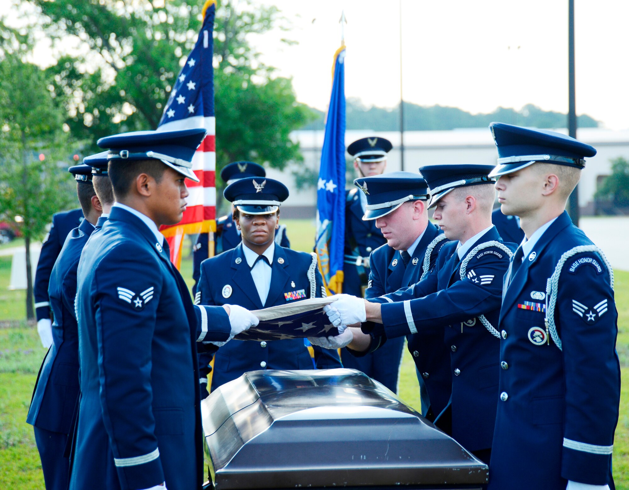 The Robins Honor Guard demonstrates funeral detail duties Tuesday as part of an orientation training session for Air Force Reserve Command chaplain candidates. (U.S. Air Force photo by Ed Aspera)